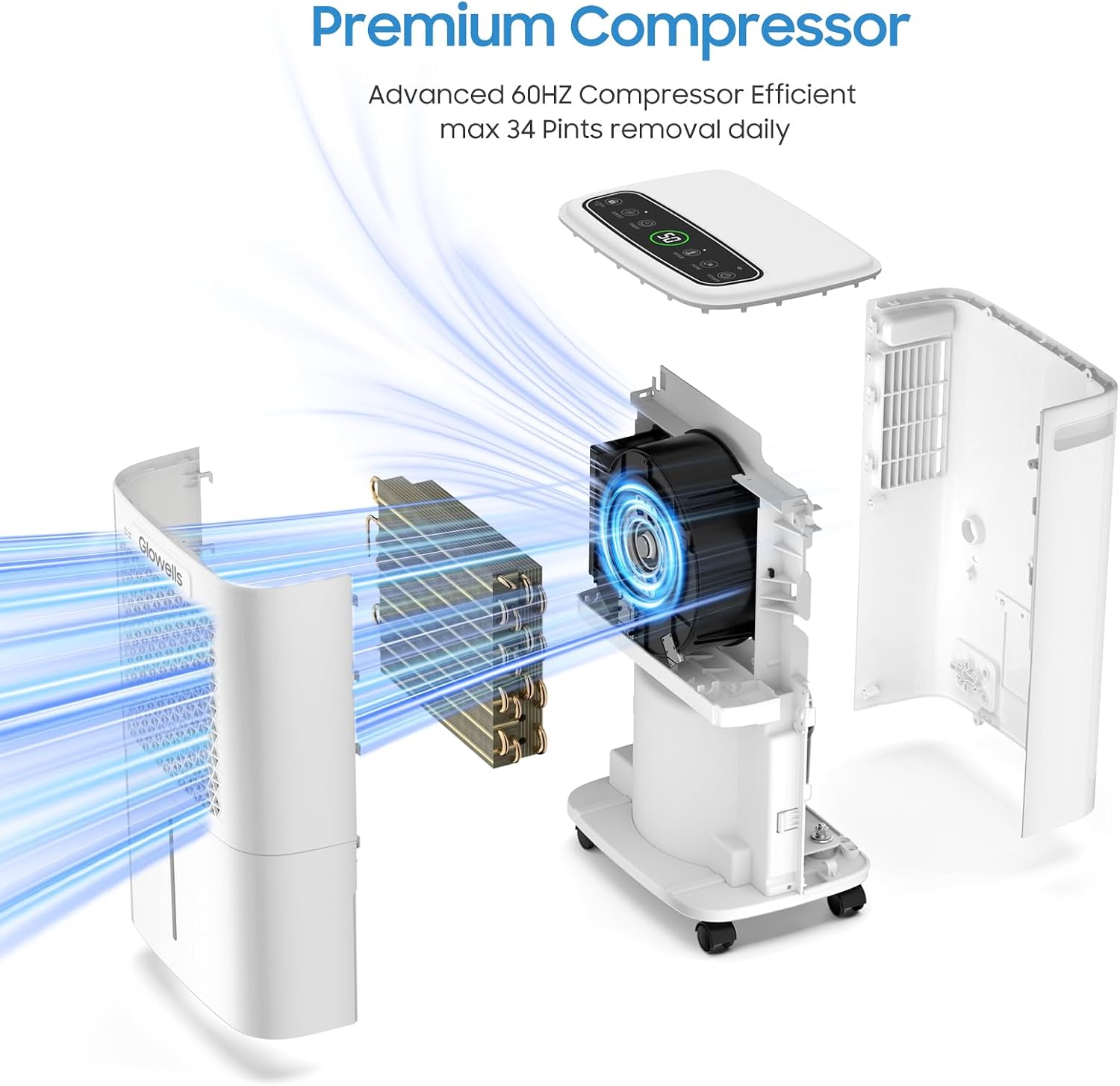 2500 Sq.Ft Dehumidifier for Basement with Drain Hose, Glowells 34 Pints Dehumidifiers for Home, Bathroom, Bedroom Large Room, RV, Three Modes, Quiet with Smart Compressor, Dry Clothes, 24H Timer