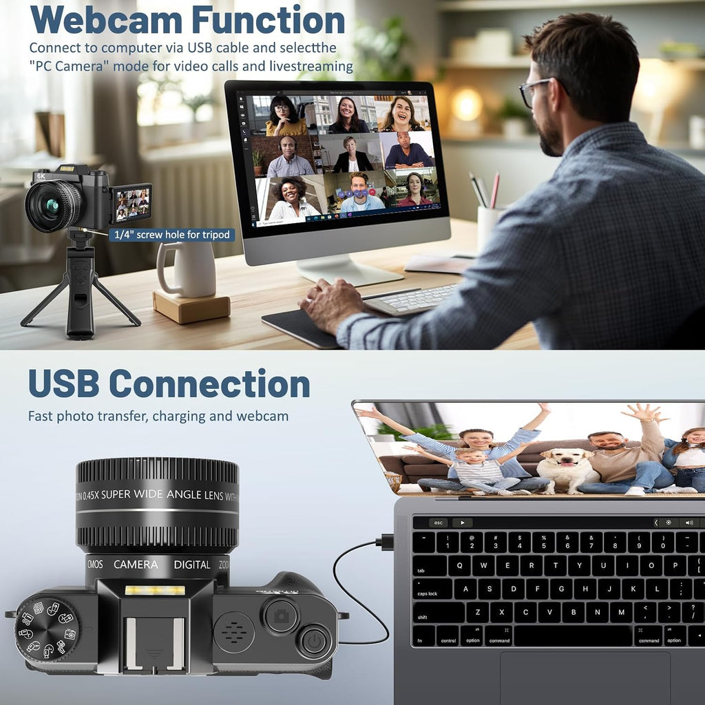 6K Digital Camera for Photography - WiFi 64MP Vlogging Cameras for YouTube with 3' 180° Flip Screen, 16X Digital Zoom Autofocus Vlog Travel Camara with 32GB SD Card, 2 Batteries and Double Charger