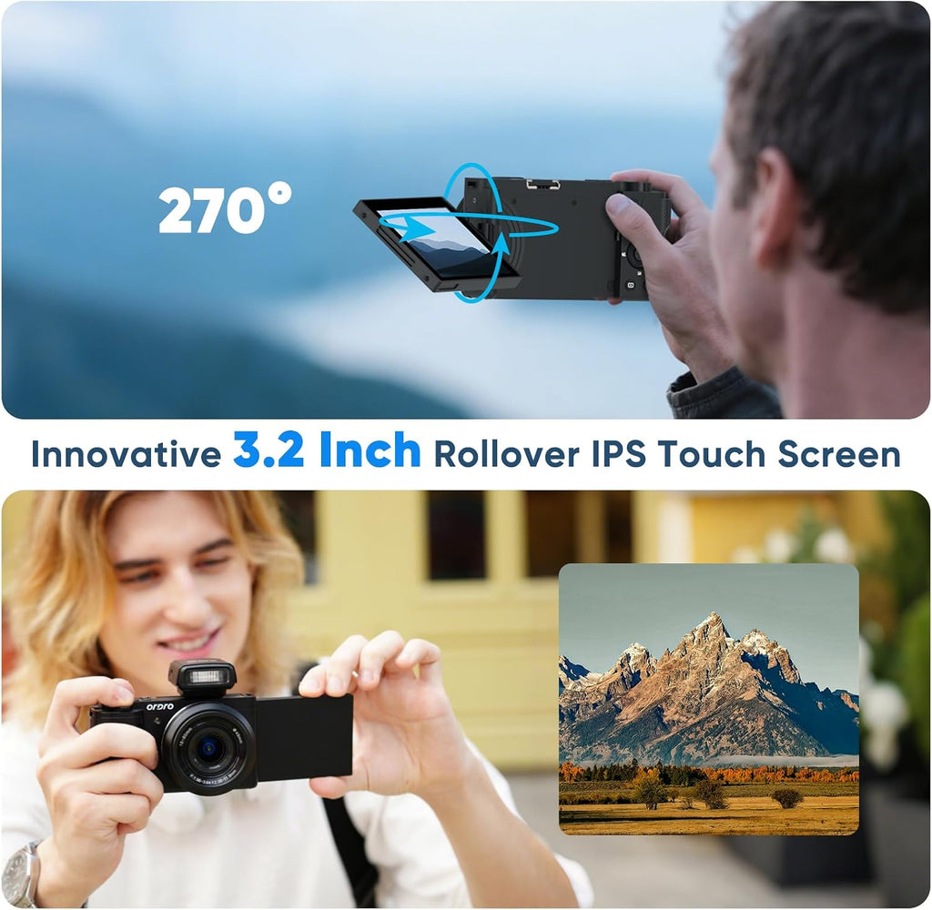 ORDRO 5K Digital Camera for Content Creators and Vloggers, 64MP Vlogging Camera for YouTube, WiFi Cameras for Photography with Flip Touchscreen, Auto-Focus, Wide Angle for Photography, with Stand