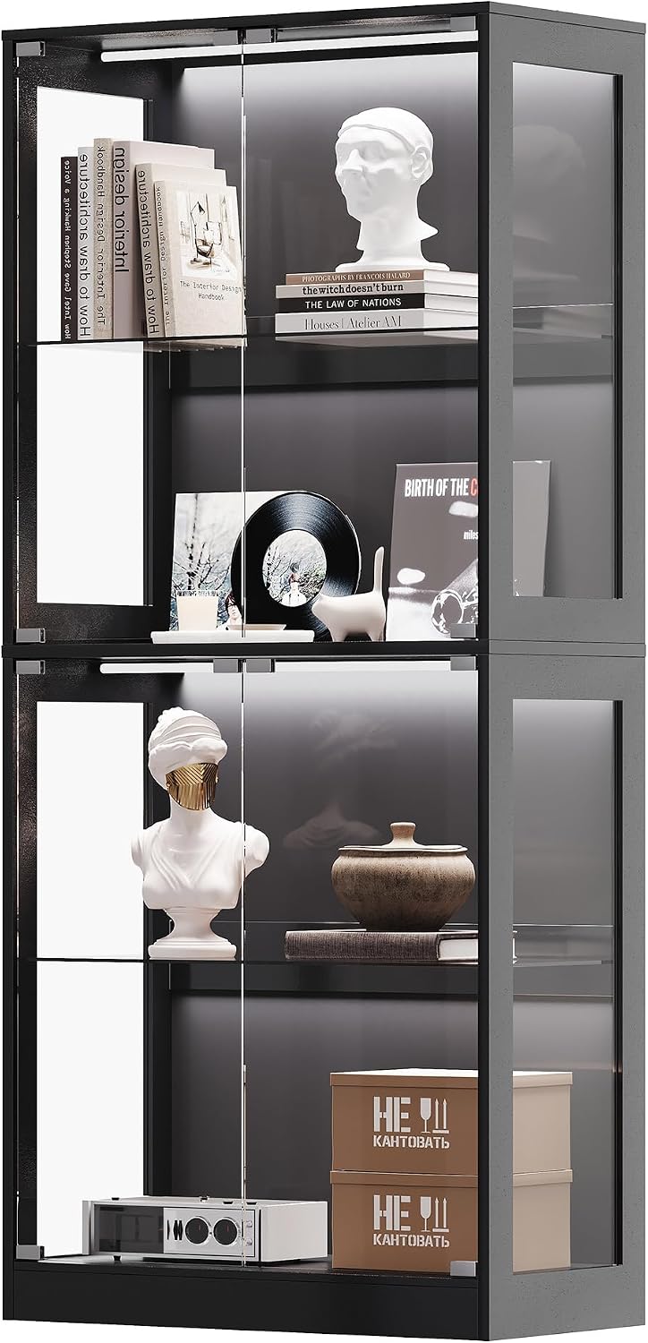 AMERLIFE RGB Display Cabinet with Adjustable Glass Shelves, 4-Tier Storage Case with LED Lights & Press-to-Open Doors, Modern Display Shelf for Collectibles, Black 70' H×32' L×16' D