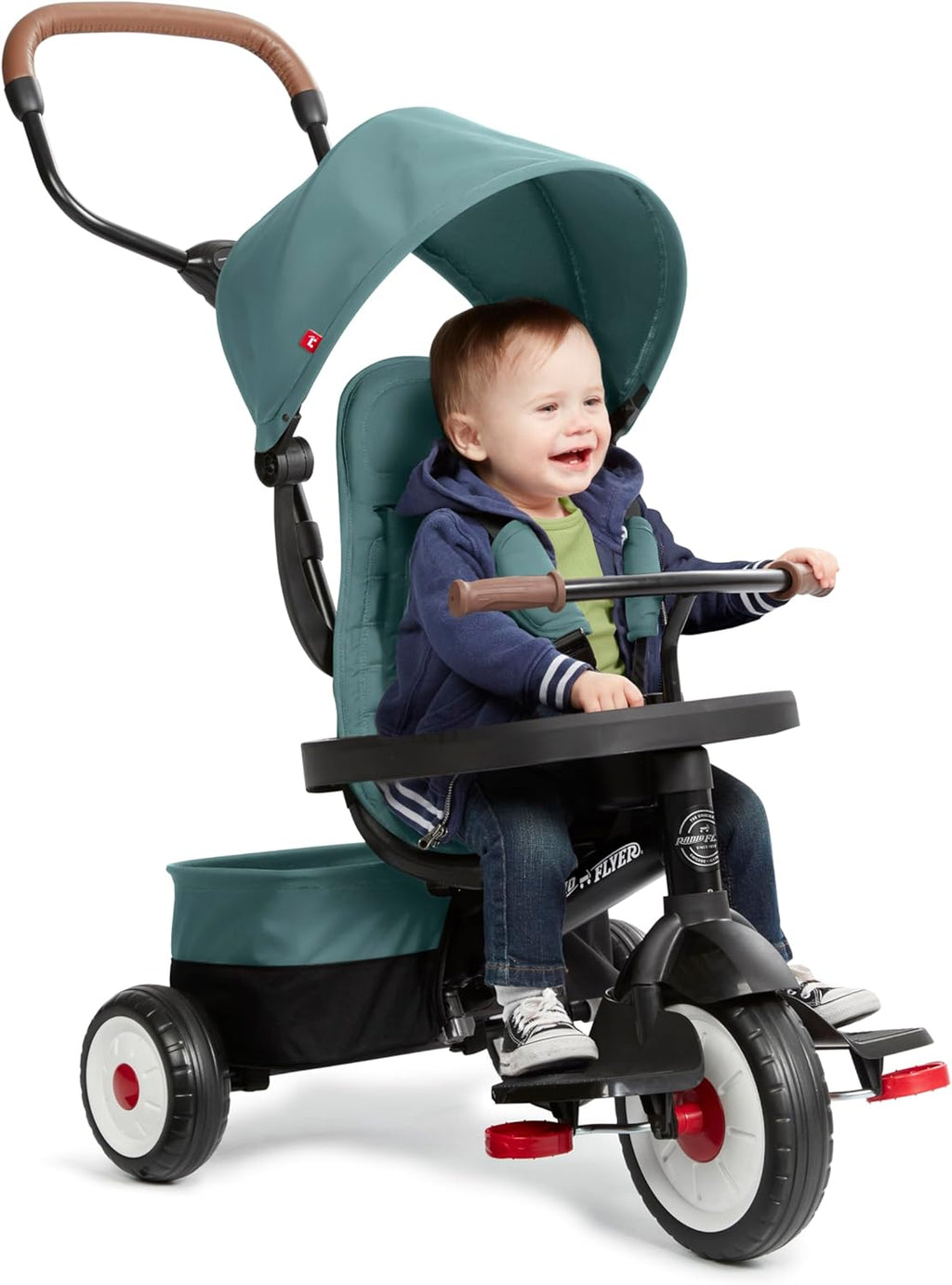 Radio Flyer City 4-in-1 Stroll 'N Trike, Teal, for Riders 1-5 Years Old, 4 Riding Modes, 3 Point Harness with Comfort Pad, Parent Controlled Steering, Rear Storage, Stroller Tricycle for Toddlers