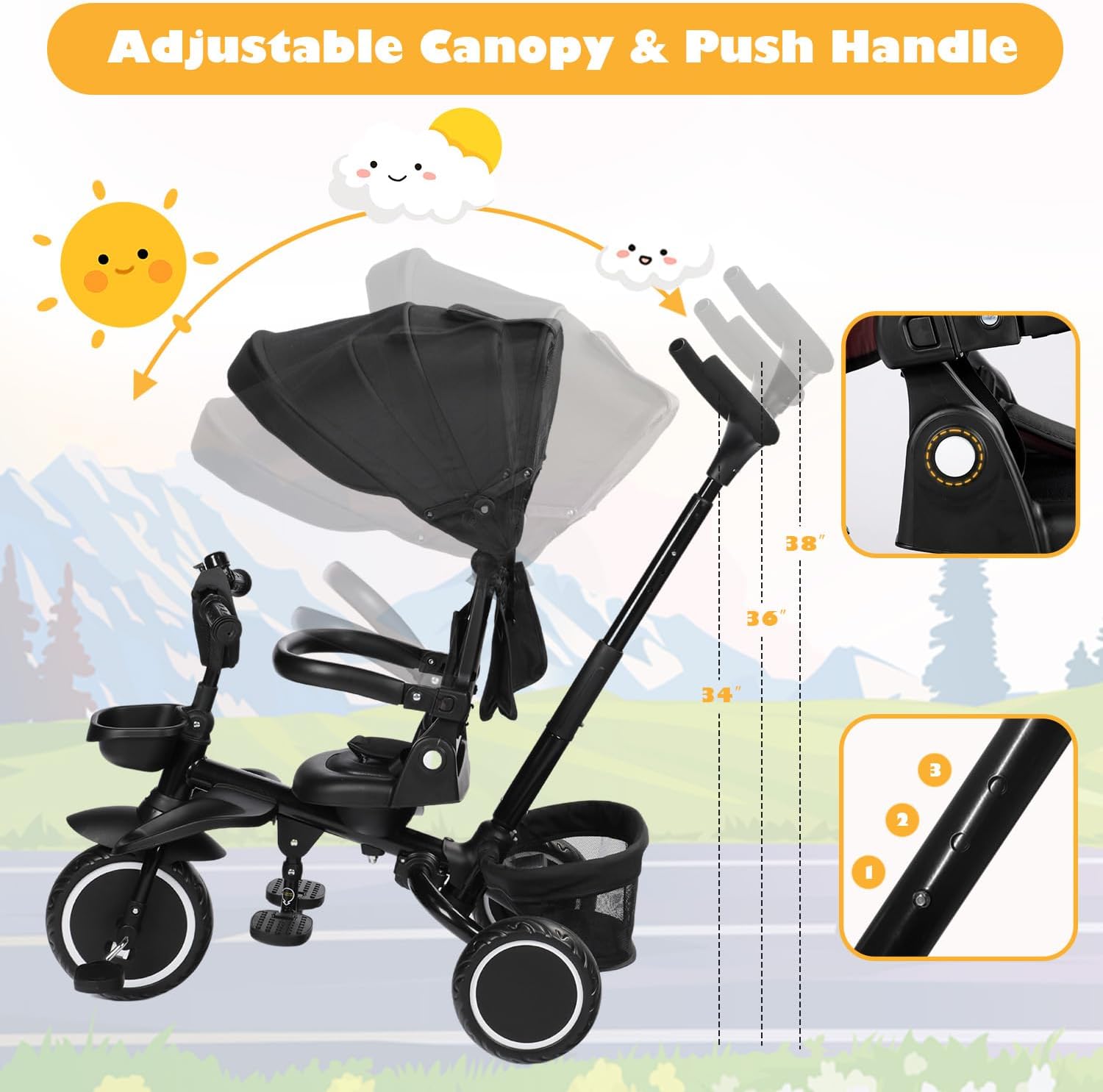 TODEFULL Folding Kids Tricycle, 8 in 1 Toddler Trike W/Removable & Adjustable Canopy, Parent Handle, 5-Piont Harness, Toddler Bike Tricycle for Kids 1-6 Years, EVA Wheels, Storage Basket, Black