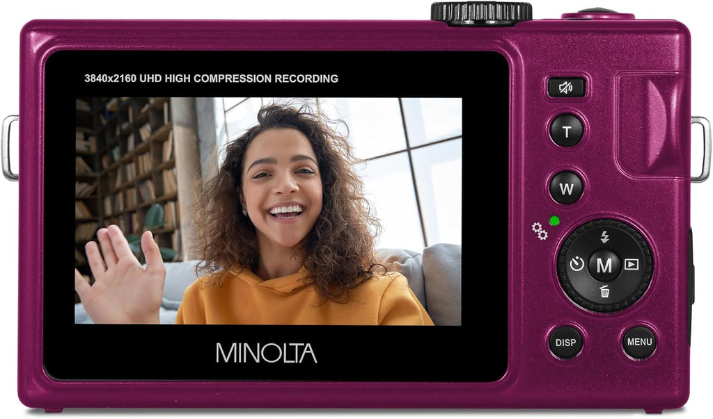 Minolta 48MP Autofocus Digital Camera with Selfie Mirror – 4K Ultra HD Video, 16x Digital Zoom, 3.0' LCD, Face Detection, Smile Capture, Scene Modes, Rechargeable Battery, Memory Card (Magenta)