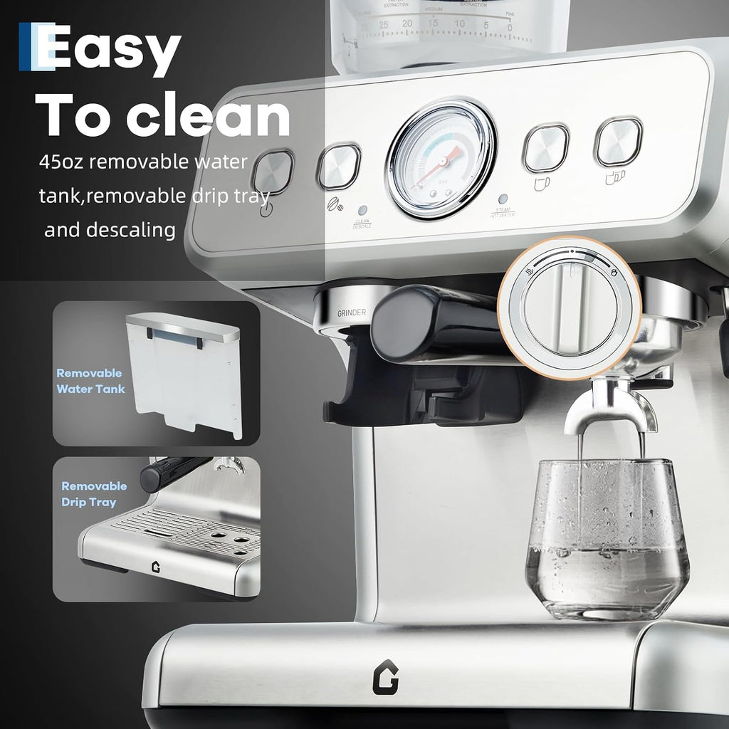 Garvee Stainless Steel Espresso Machine with Grinder & 20 Bar Pressure, 2.8L Removable Water Tank, Milk Frother Steam Wand for Latte/Cappuccino - Adjustable Shot Volume, Professional Home/Office Use