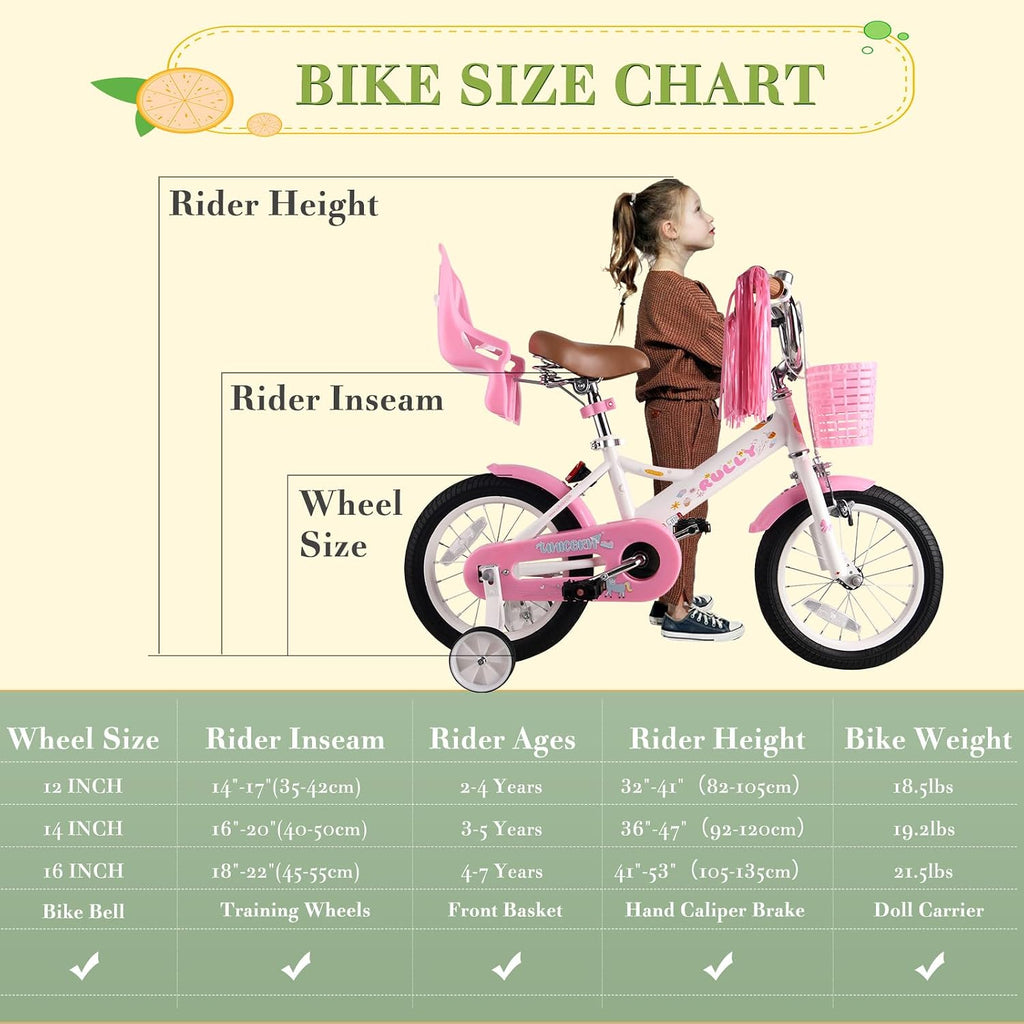 RULLY 14 Inch Unicorn Kids Bike for 3 4 5 Years Girls with Training Wheels & Front Handbrake, Kids Bicycle with Basket Toddler Bike, White