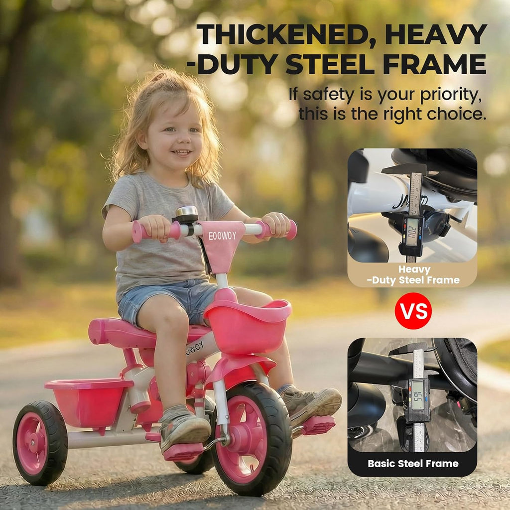 EOOWOY Toddler Tricycle with Push Handle, 7 in 1 Stroller Trike with 360° Swivel Seat, Reclining Backrest, All-Terrain Wheels, Dual Brakes, Canopy & Storage, Gift for Kids 18 Months to 5 Years, Pink