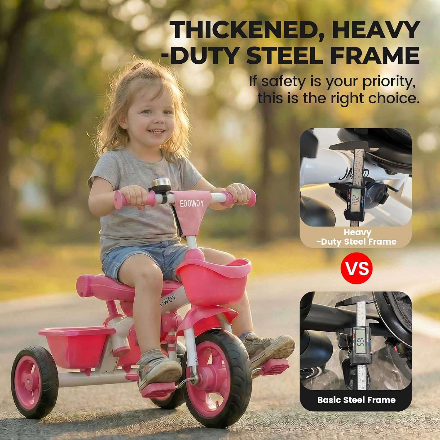 EOOWOY Toddler Tricycle with Push Handle, 7 in 1 Stroller Trike with 360° Swivel Seat, Reclining Backrest, All-Terrain Wheels, Dual Brakes, Canopy & Storage, Gift for Kids 18 Months to 5 Years, Pink