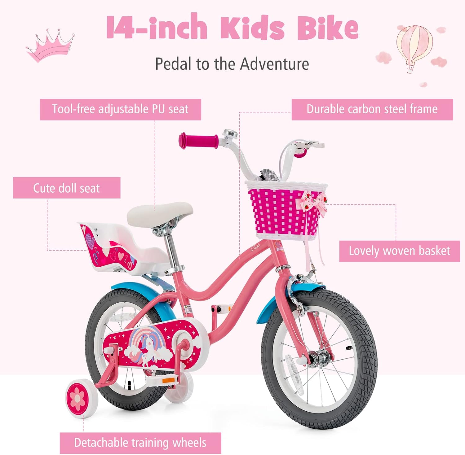 BABY JOY Kids Bike, 12 14 16 18 20 Inch Girls Bike w/Detachable Training Wheels or Kickstand, Storage Basket, Adjustable Seat & Handlebar, Bow or Streamer, Children Bicycle for 3-8 Years Old