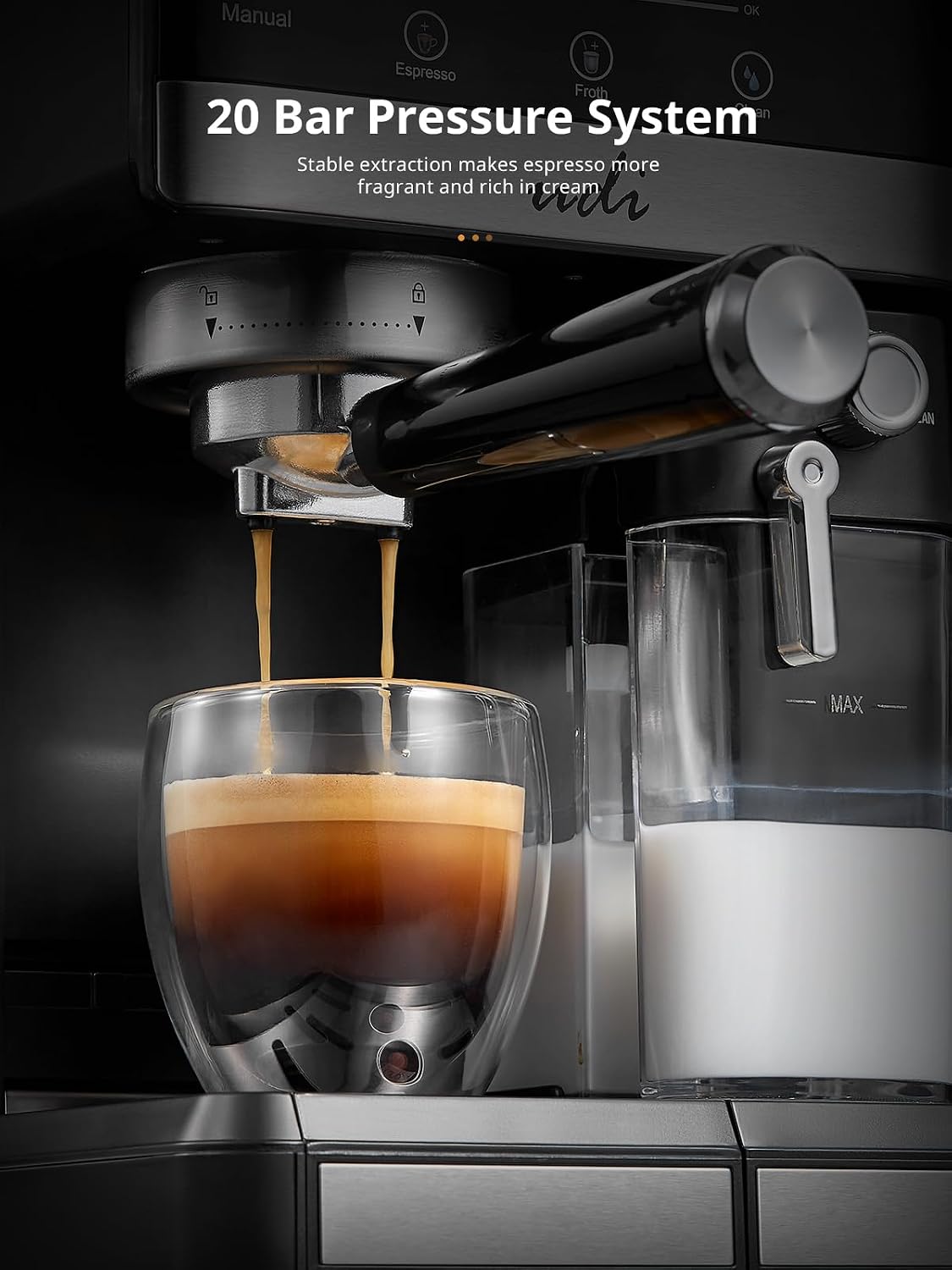 UDI Espresso Machine, 20 Bar Automatic Cappuccino & Latte Coffee Maker, Auto or Manual Quick Brew Dual Boiler, Touchscreen Espresso Maker (Black+Sliver)