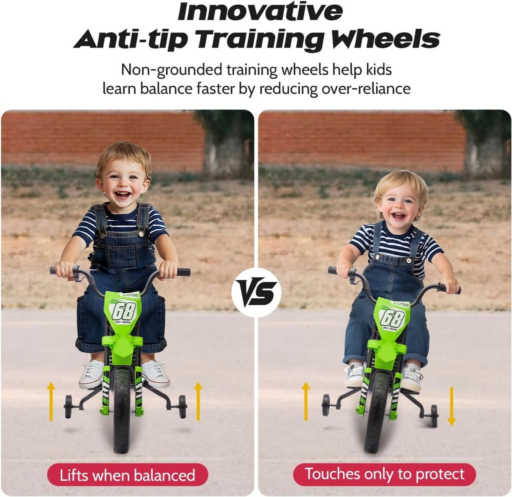 12V Kids Motorcycle w/Treaded Tires, 3.1mph Top Speed, Kids Motorcycle w/Training Wheels, Music, Spring Suspension, Ideal for Toddlers 3-6 Years Old, Green