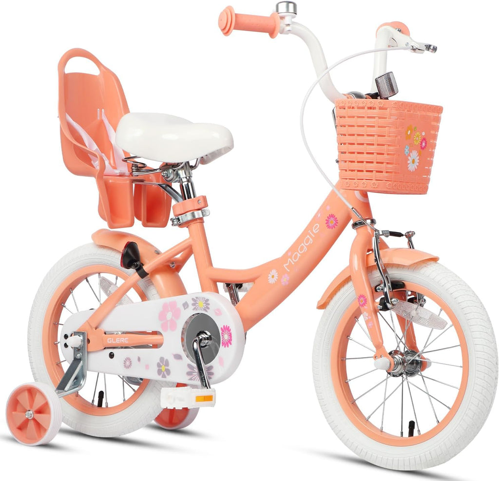 Glerc Maggie Girls Bike, 12-20 Inch Kids Bike for 2-13 Years Old Children, Princess Style Kids Bicycle with Doll-Seat & Basket & Training Wheels, Multiple Colors