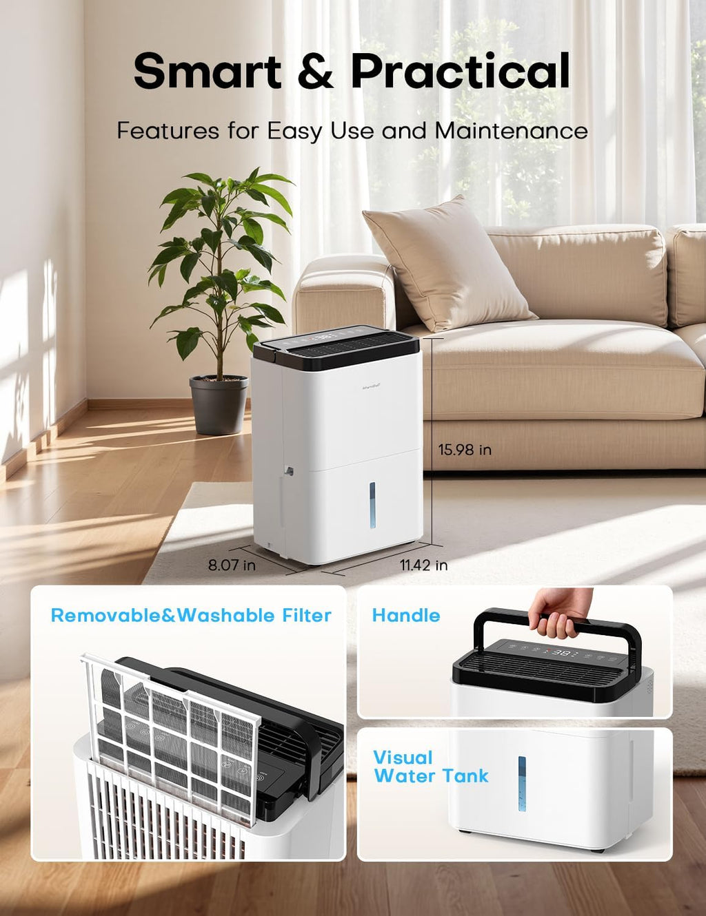 3000 Sq.Ft Dehumidifiers for Home with Drain Hose 35 Pints, Compressor Dehumidifier Smart Humidity Control, 3 Modes, 24H Timer, Auto-Defrost, Dry Clothes Dehumidifiers for Basement Bathroom Bedroom