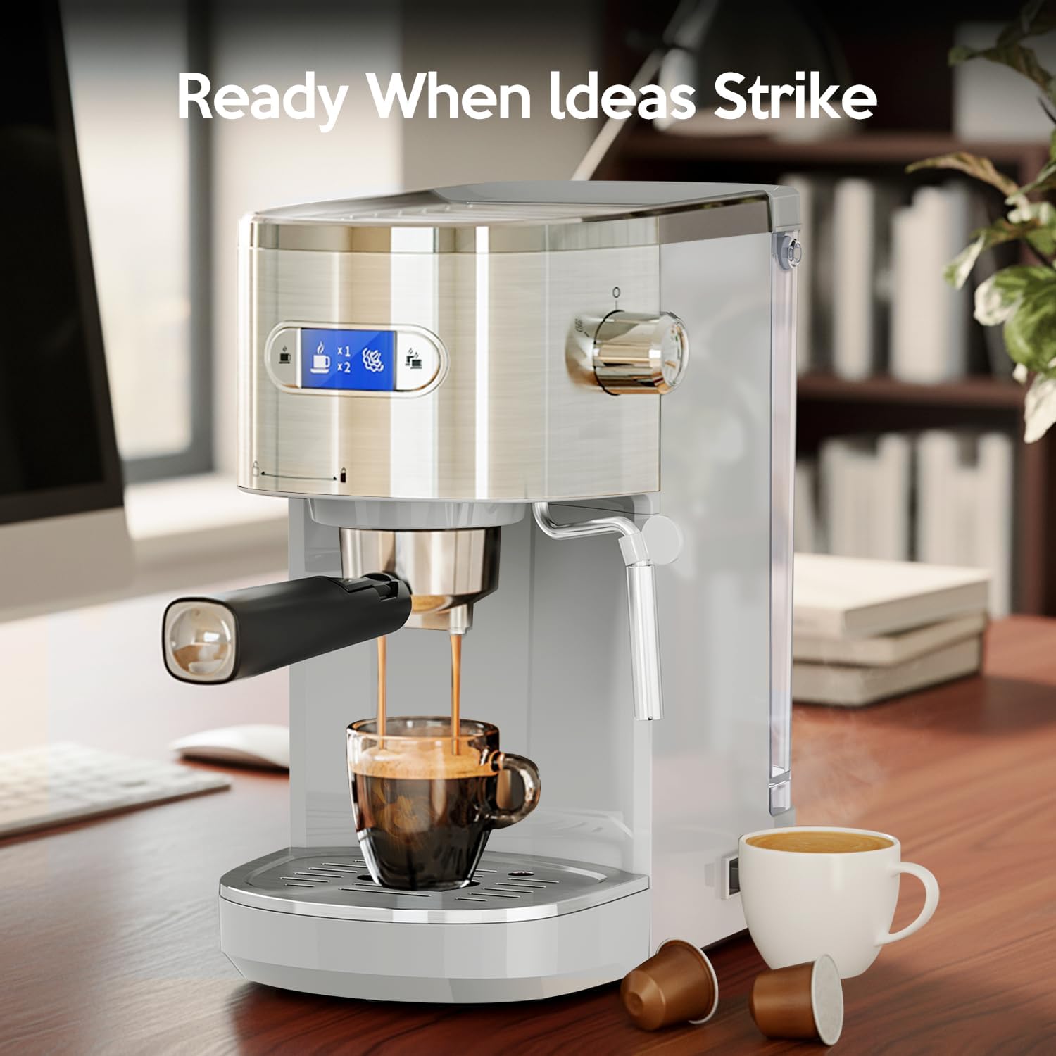 20 Bar Espresso Machine Semi-Automatic, Professional Coffee Maker with Milk Frother Steam Wand & 45OZ Removable Water Tank, Home Barista System for Cappuccino, Latte, Americano-Stainless Steel-Silver