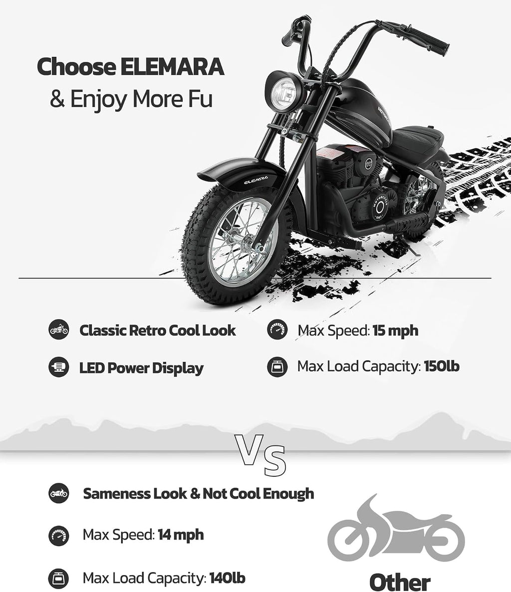 ELEMARA Electric Dirt Bike, 15 mph & 150lb Max, 24V Ride on Toy for Big Kids w/LED Lights & Power Display,Chain-Driven Motor,Twist-Grip Throttle, Shock Springs,Handbrake,12' Air-Filled Tires-Black