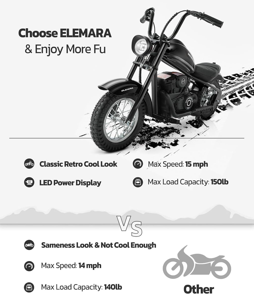 ELEMARA Electric Dirt Bike, 15 mph & 150lb Max, 24V Ride on Toy for Big Kids w/LED Lights & Power Display, Chain-Driven Motor, Twist-Grip Throttle, Shock Springs, Handbrake, 12' Air-Filled Tires-Dark