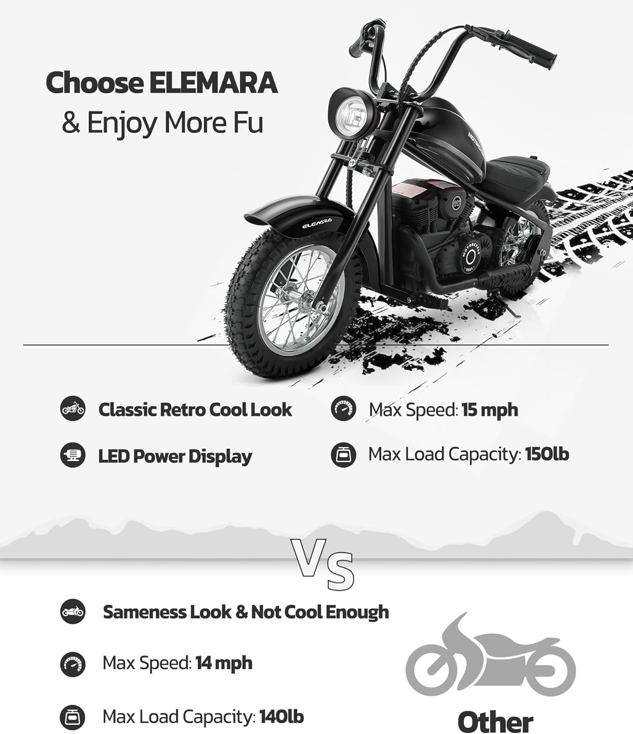 ELEMARA Electric Dirt Bike, 15 mph & 150lb Max, 24V Ride on Toy for Big Kids w/LED Lights & Power Display, Chain-Driven Motor, Twist-Grip Throttle, Shock Springs, Handbrake, 12' Air-Filled Tires-Dark