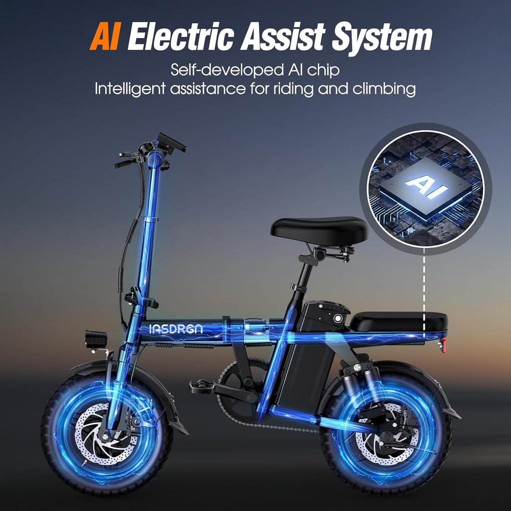 INSDRGN Electric Bike for Adults and Teens, 14' Folding E Bikes, 650W Peak Motor, 48V 499Wh/768Wh Removable Battery, 28-50 Miles PAS Range, 20MPH Electric Mountain Bike, 9 Shock Absorbers, UL 2849