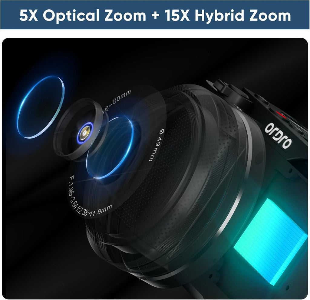 ORDRO 5K Digital Camera for Content Creators and Vloggers, 64MP Vlogging Camera for YouTube, WiFi Cameras for Photography with Flip Touchscreen, Auto-Focus, Wide Angle for Photography, with Stand
