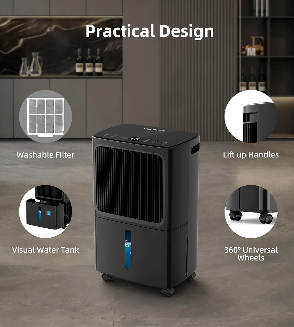 2500 Sq.Ft Dehumidifiers for Home with Drain Hose Max 34 Pints, VEAGASO Dehumidifier for Basement, Bathroom, Bedroom, Three Modes, Intelligent Humidity Control, Dry Clothes, 24HR Timer BLACK