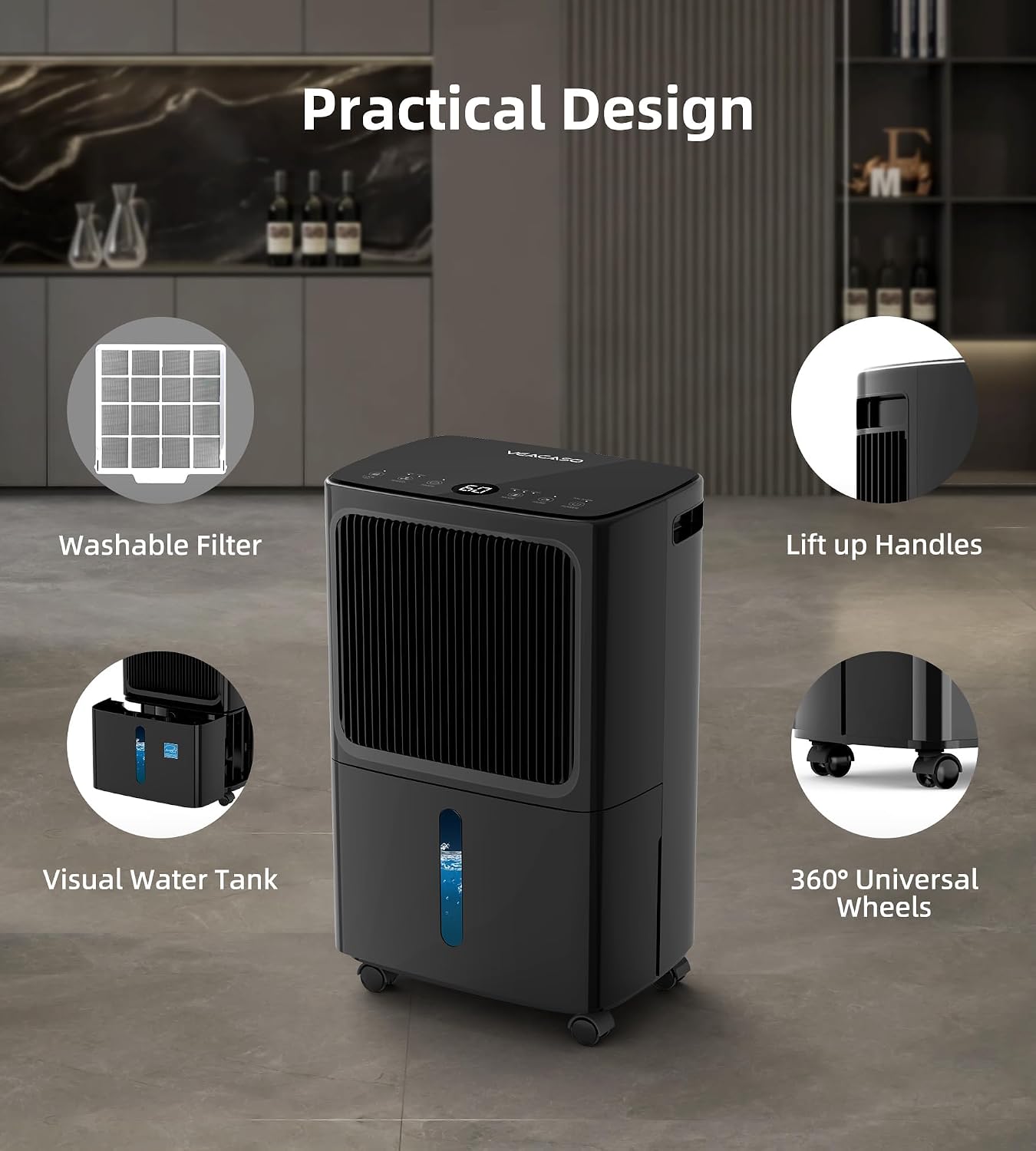 2500 Sq.Ft Dehumidifiers for Home with Drain Hose Max 34 Pints, VEAGASO Dehumidifier for Basement, Bathroom, Bedroom, Three Modes, Intelligent Humidity Control, Dry Clothes, 24HR Timer BLACK