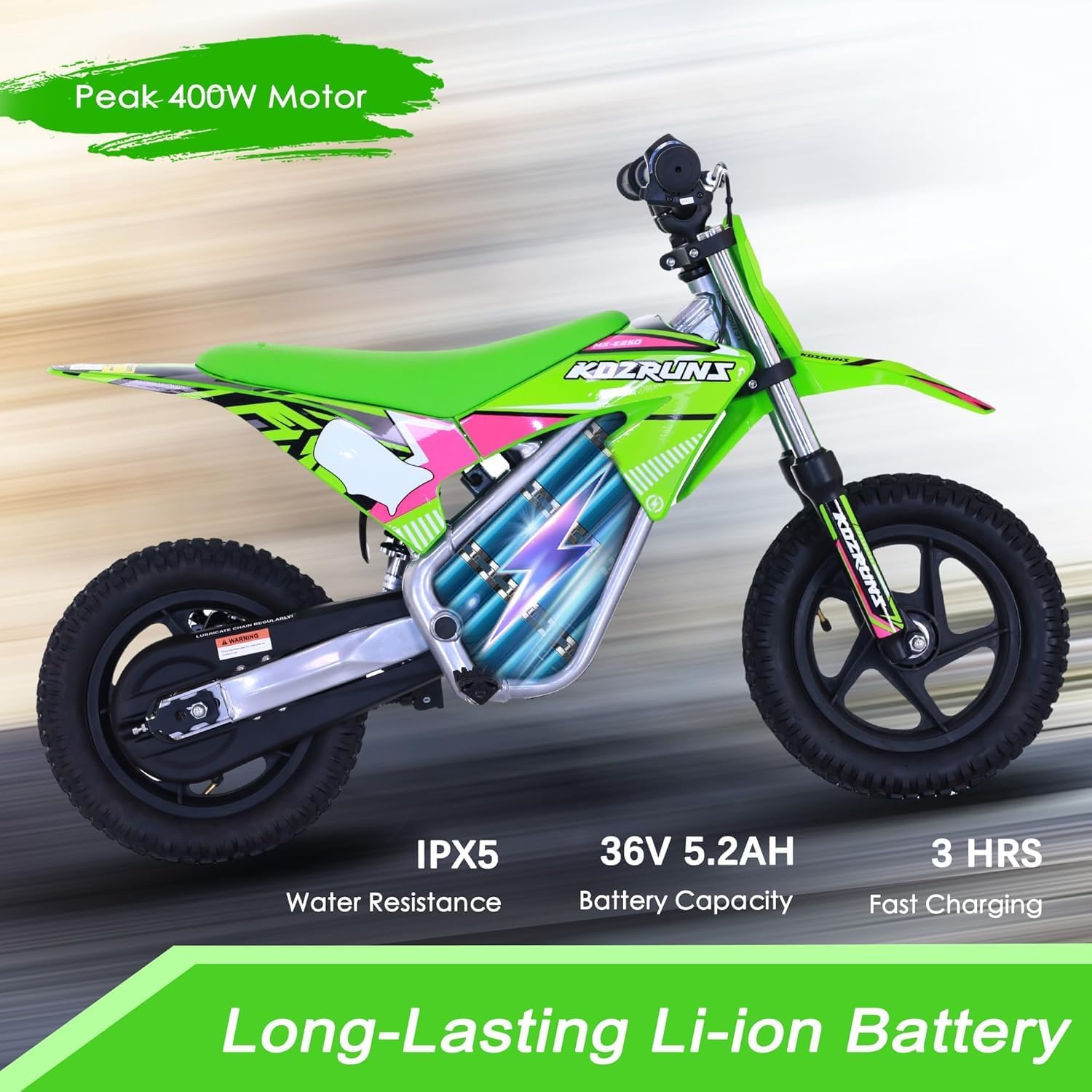 OLALA 36V Electric Dirt Bike for Kids 3-6, 250W Brushless Motor with 3-Speed Control, 15.5 MPH Max Speed, 12' Off-Road Tires Motorcycle, for Boys & Girls, Green