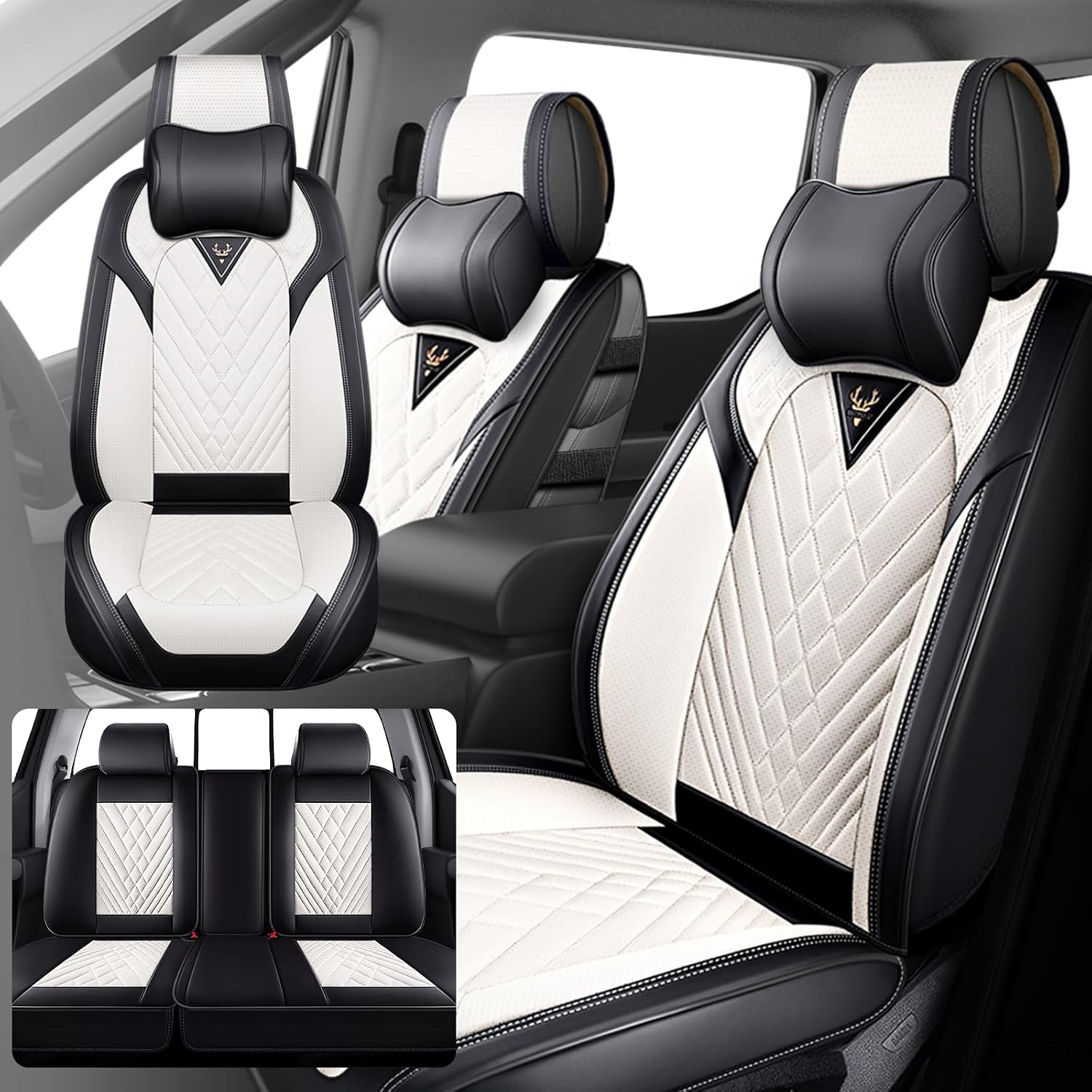 Fit for RAM 1500/2500/3500 2010-2026 Seat Covers, Fashion Sport Seat Cover with Waterproof Leather, Airbag Safe Design Seat Protector (5 Front Seat Luxury, Black White)
