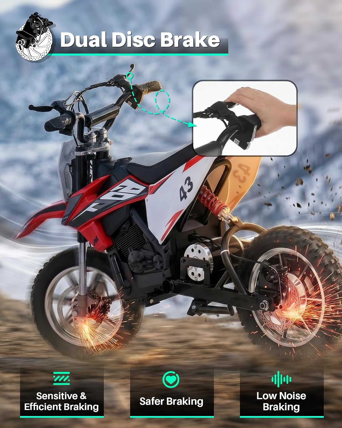 Blitzshark 36V 650W Kids Electric Dirt Bike Off-Road Motocross Ultra Powerful Motorcycle, with 17 MPH MAX Speed, Rubber Tire,Twist Grip Throttle, Dual Suspension & Brakes, Leather Seat, SRK-MC20 Pro