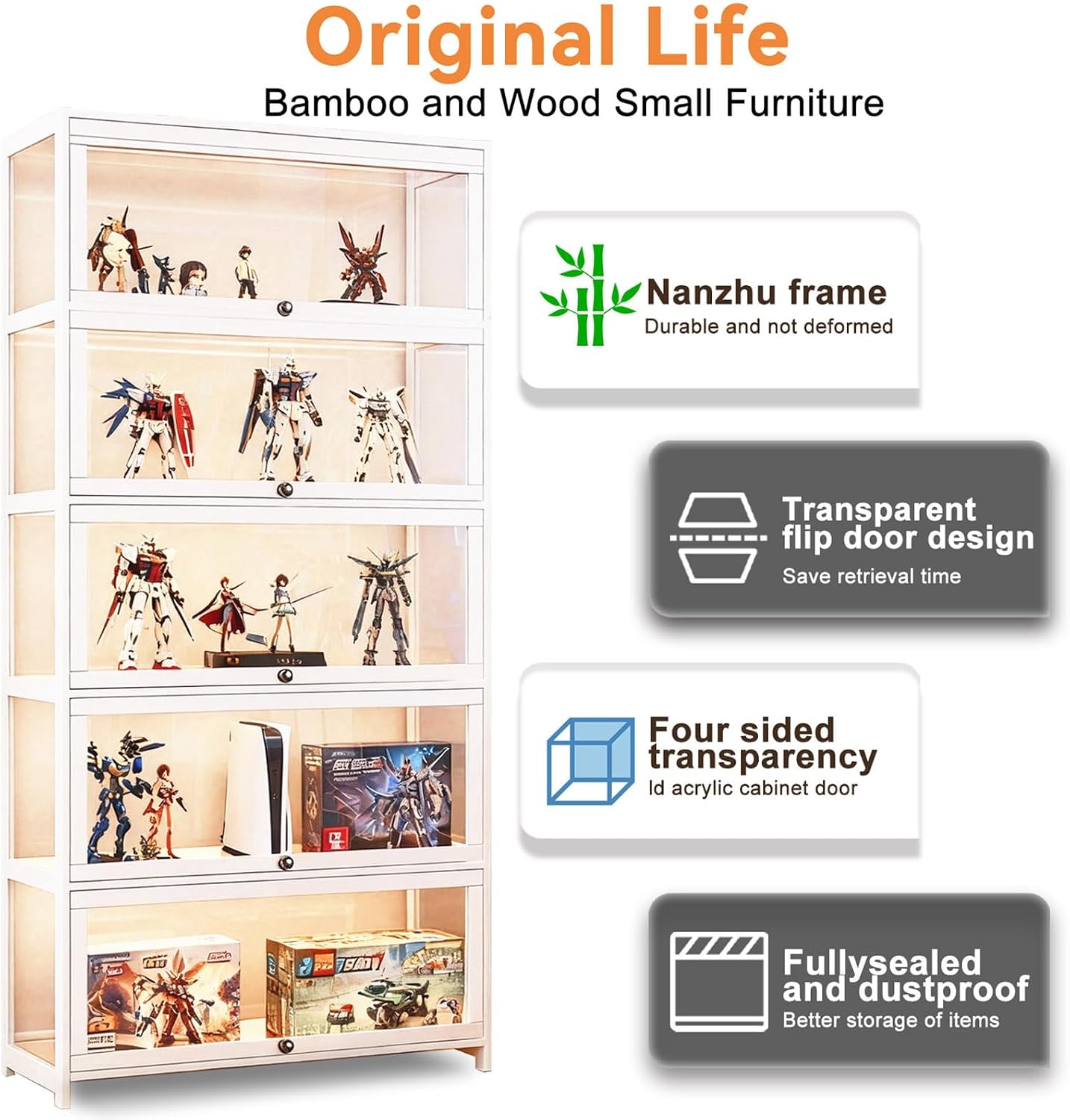 Display Cabinet with Acrylic Glass Doors 5-Tier Curio Cabinet - Collectibles Toy Organizers Rack & Display Shelf - Bookcase for Home Office Playroom Living Room Books Toys (White)