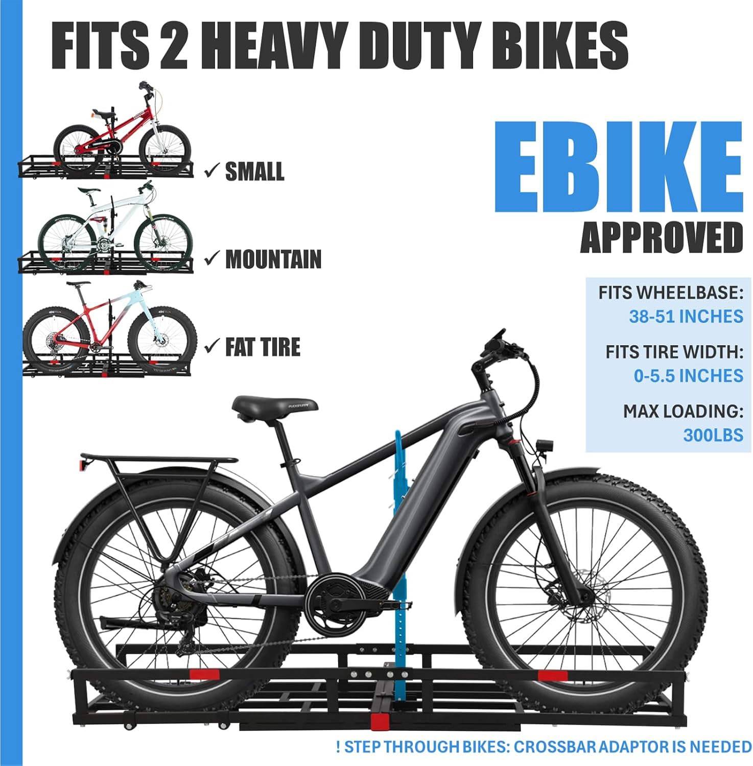 Hitch-Mount Bike Rack for Ebike Heavy-Duty - Comes with Cargo Carrier Fits 2 Electric Fat-Tire Mountain Bicycles Fits 2' Receiver for Car SUV Truck RV Minivan (Blue)