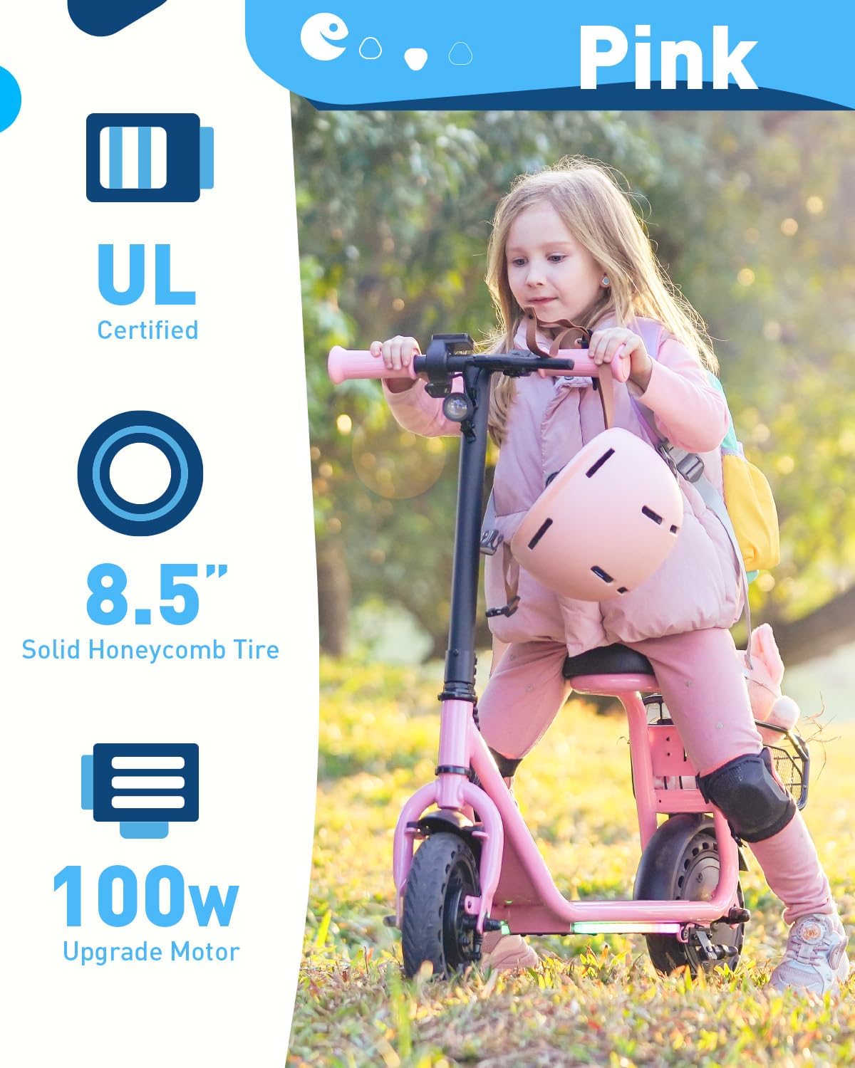 Hiboy Q2 Lite Electric Scooter with Seat for Kids Ages 4–10, LED Lights, UL Certified, 9.3 MPH, 100W Motor, Easy Control