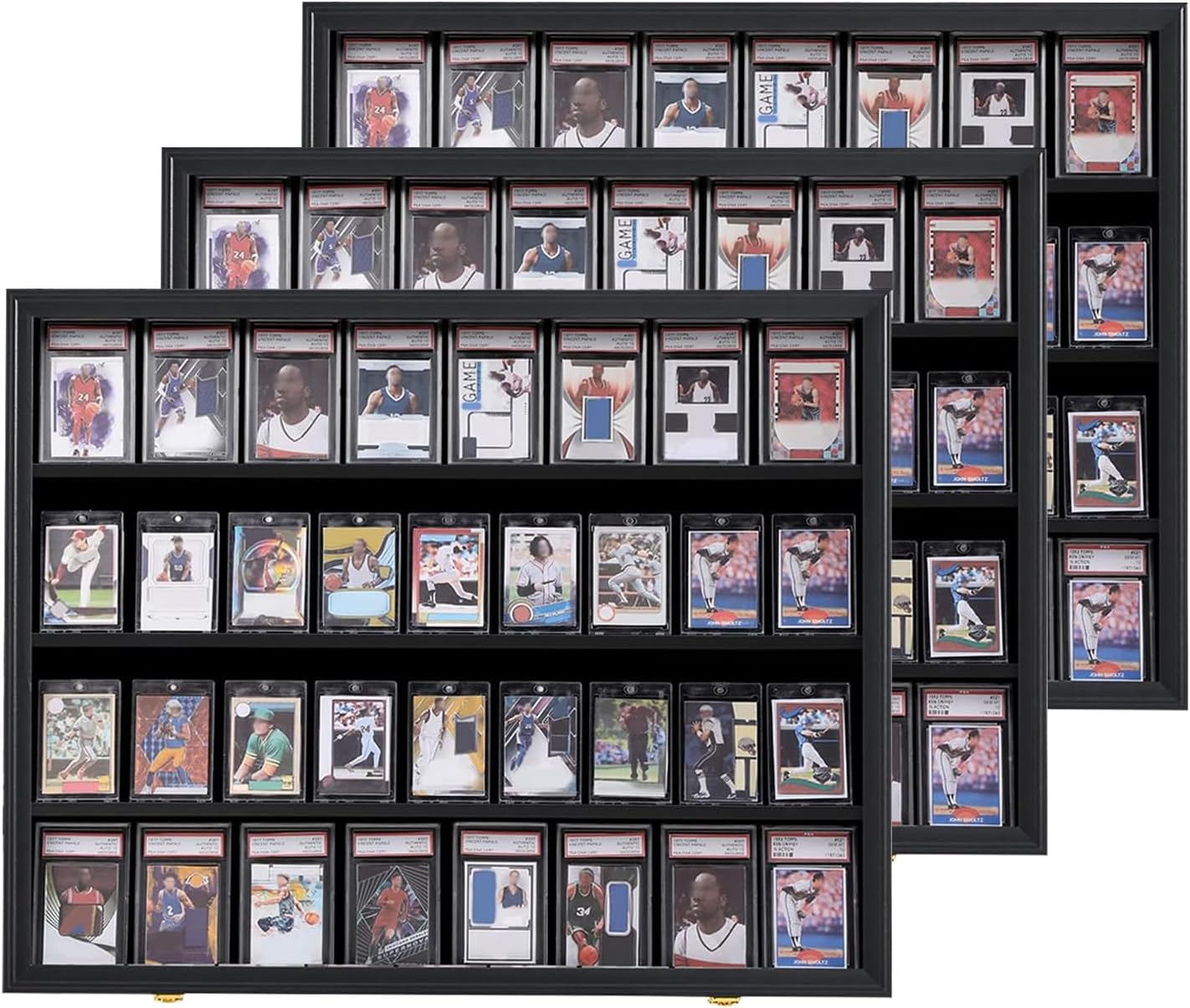 VERANI Baseball Card Display Case - 36 Graded Sports Card Display Frame - Holds Sport Cards with UV Protection Clear View Lockable Wall Cabinet for Football Basketball Trading Card Horizontal - 3Pack