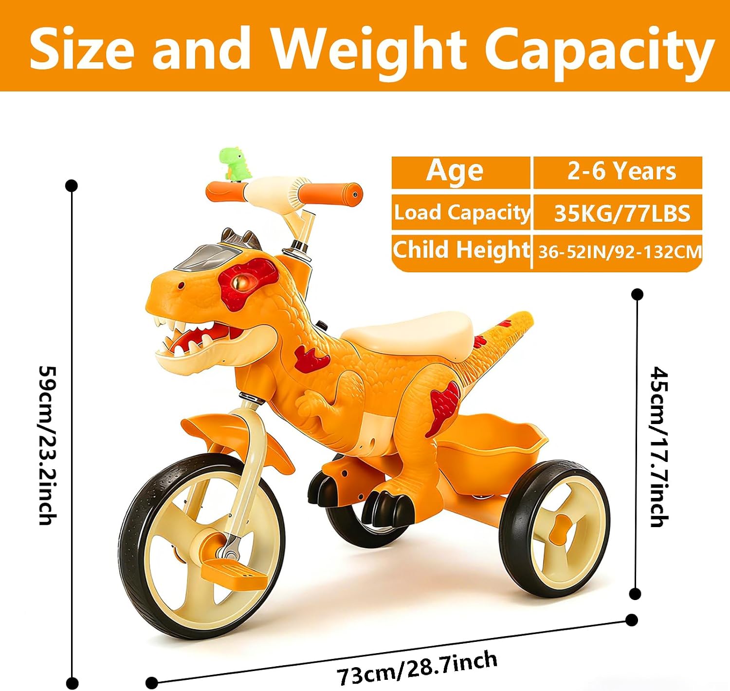NMM Dinosaur Tricycle for Toddlers, Kids Trike with Music, LED, Tricycles for 3-5 Year Olds, for Rider, Big Wheel, Storage Basket, Horn, Toddler Bike for Boy, Dinosaur Toys for Kids 2-4 4-7