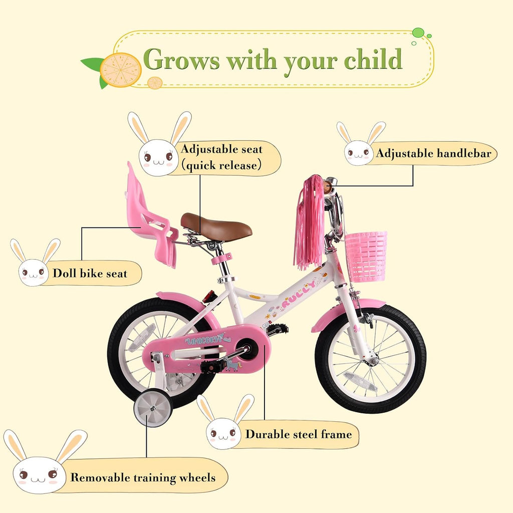 RULLY 14 Inch Unicorn Kids Bike for 3 4 5 Years Girls with Training Wheels & Front Handbrake, Kids Bicycle with Basket Toddler Bike, White