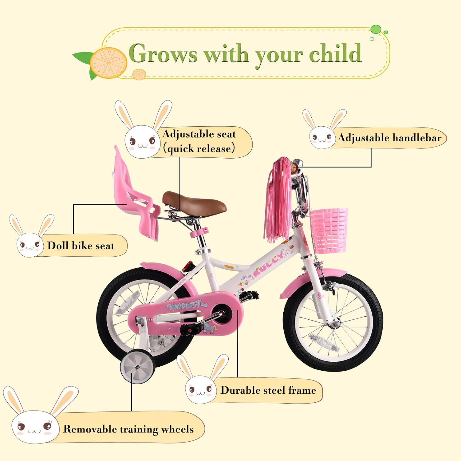 RULLY 14 Inch Unicorn Kids Bike for 3 4 5 Years Girls with Training Wheels & Front Handbrake, Kids Bicycle with Basket Toddler Bike, White