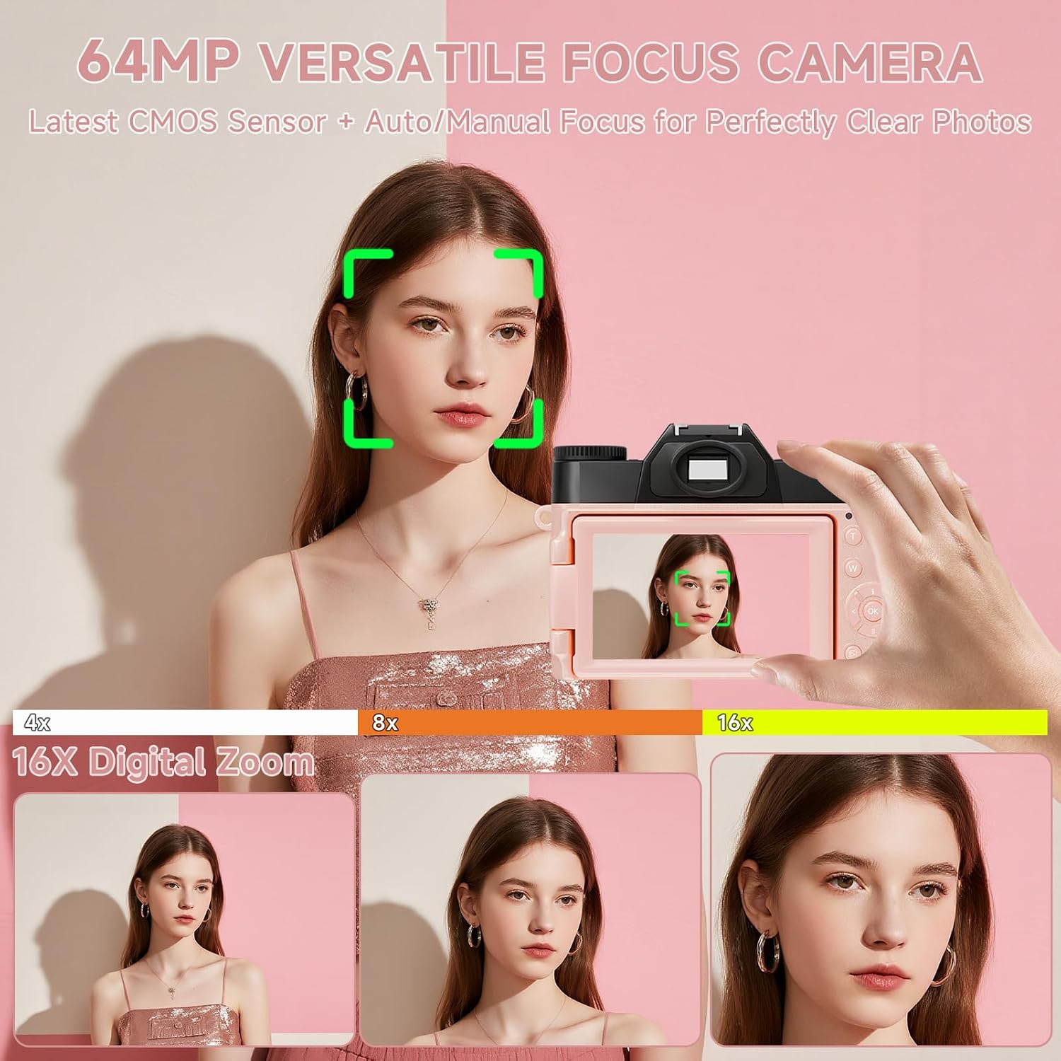 6K Digital Camera for Photography Autofocus, 64MP WiFi Vlogging Camera for YouTube with 3' 180° Flip Screen 16X Zoom, 64GB SD Card & 2 Batteries Pink Compact Travel Camera for Beginners Teens