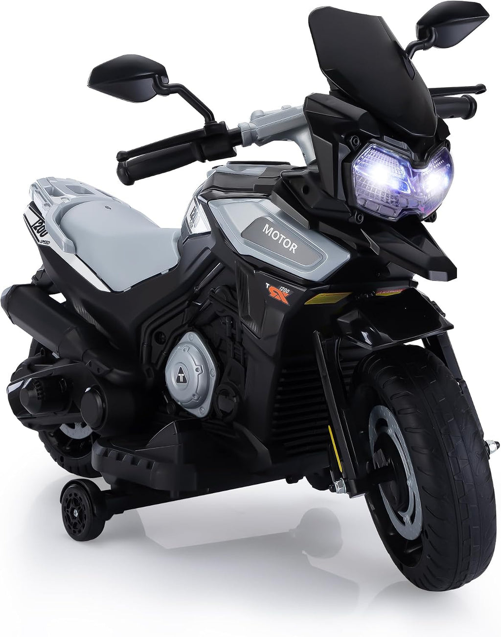 TOBBI 12V Electric Motorcycle for Kids Ride on Toys Toddler Motorbike Battery Powered Off-Road Dirt Bikes w/Music/Headlights/Training Wheels, Gifts for Boys & Girls, Silver
