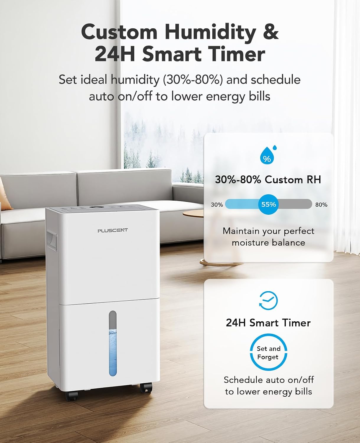 PLUSCENT 21 Pint Dehumidifier for Basement and Home, 1500 Sq Ft Portable Dehumidifier with Drain Hose, Quiet Smart Humidity Control for RV, Bedroom & Bathroom, Auto Defrost, 24H Timer