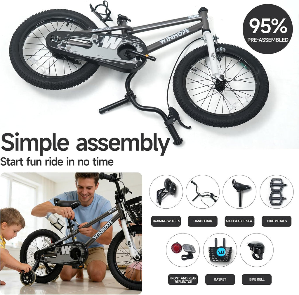 WinHope Kids Bike, 12 14 16 18 Inch Toddler Bicycle with Light Up Training Wheels and Dual Brakes, Children Bike for Beginner with Adjustable Seat and Headlebar for Boys Girls 2-9, Multiple Colors