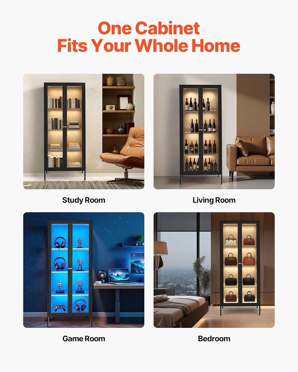 VEVOR Display Cabinet with Glass Door, 66 in Tall 4-Tier Lighted Display Case with 3 Color Lights, Metal Storage Cabinet with 3 Adjustable Shelves, Curio Cabinet for Collectibles Figures Trophy