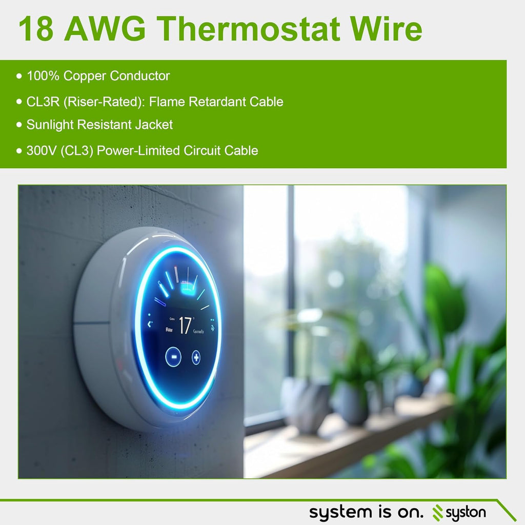 Syston 18/3 Thermostat Doorbell HVAC Heating Control Cable Wire, 18 AWG 3 Conductors 100% Solid Copper Conductors CL3R/FT4/CMR Riser-Rated, UV Resistant RoHS for Low Voltage Applications Use