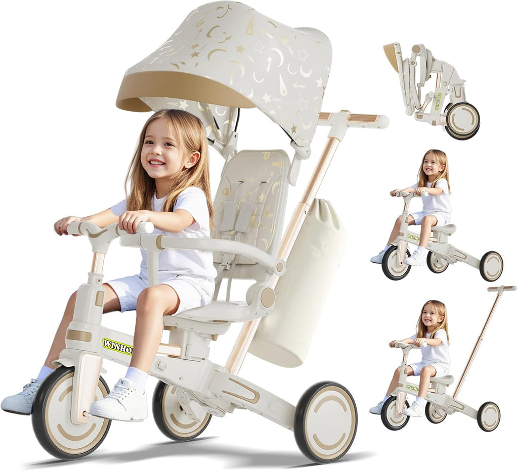 WinHope 9-in-1 Push Tricycle for Toddlers 1-3 Years | Convertible Kids Trike with Adjustable Parent Handle & Safety Harness, Lightweight Foldable Design + Storage Basket for Boys & Girls (White)