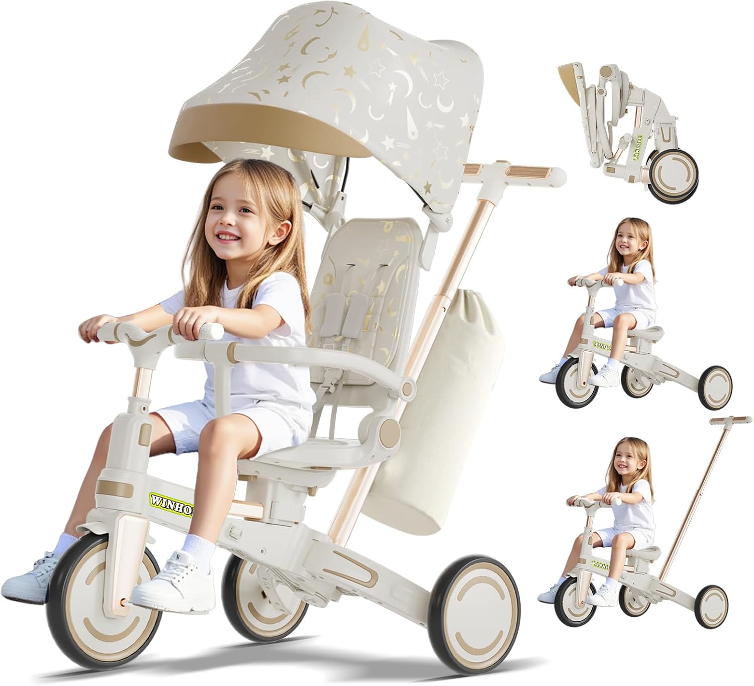 WinHope 9-in-1 Push Tricycle for Toddlers 1-3 Years | Convertible Kids Trike with Adjustable Parent Handle & Safety Harness, Lightweight Foldable Design + Storage Basket for Boys & Girls (White)