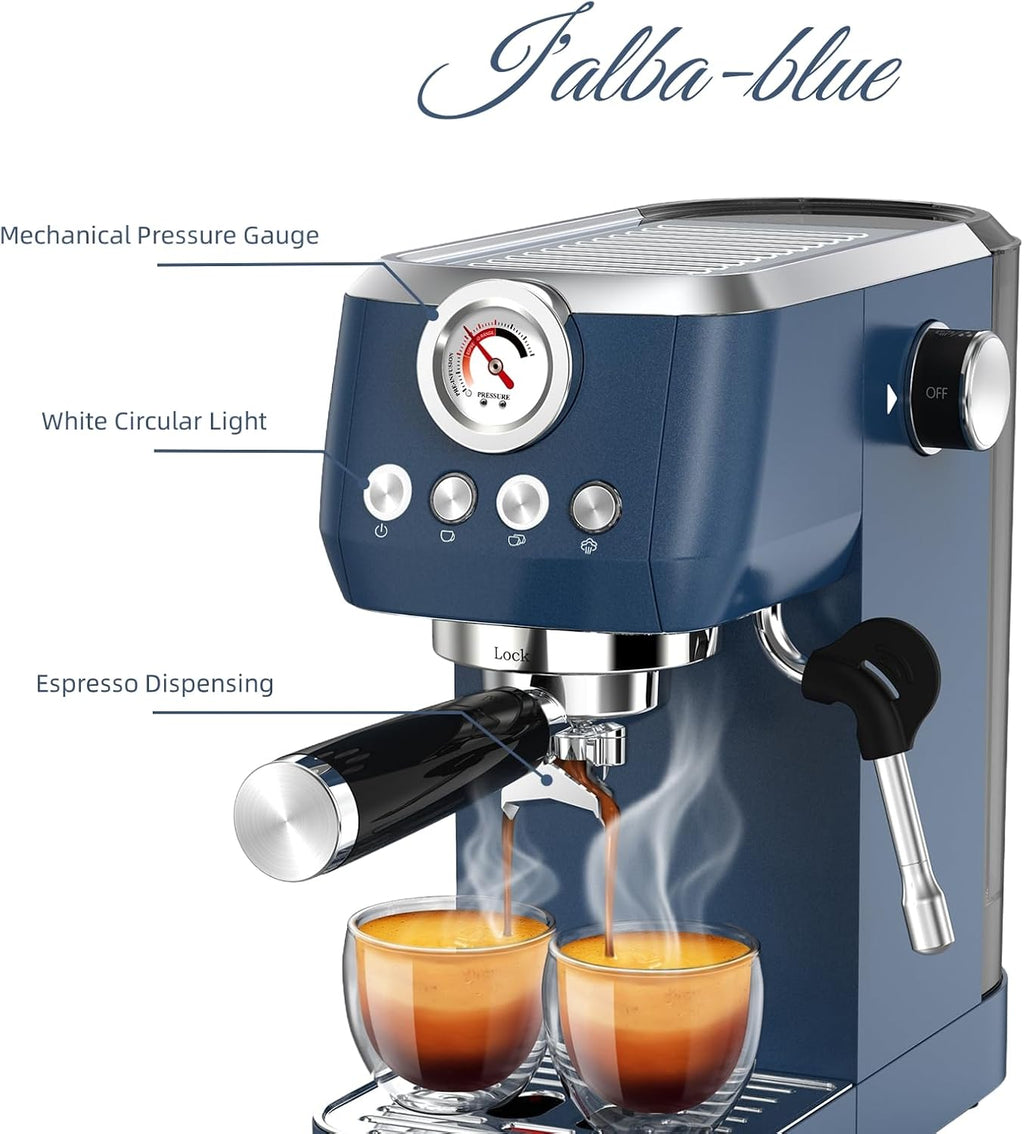 MAttinata Espresso Machine 20 Bar, Espresso Coffee Maker with Professional Milk Frother Steam Wand for Cappuccino & Latte, 49oz Removable Water Tank for Home, Blue