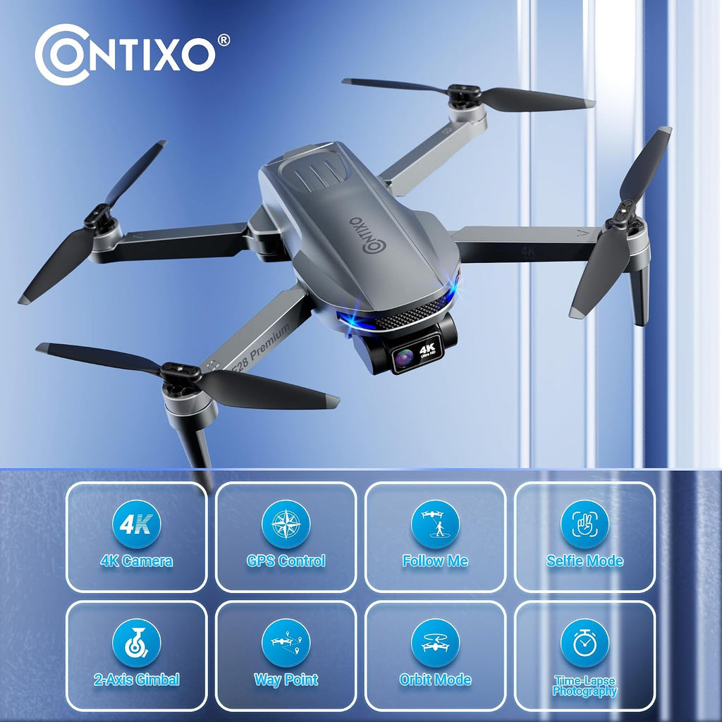Contixo F28 Premium Two-Axis Gimbal Drone for Adults, 4K Zoom Camera, Brushless Motor, 23 Min Flight, Accurate GPS, Auto Return, Follow Me, 110° Wide-Angle FPV, Portable Foldable Drone for Beginners