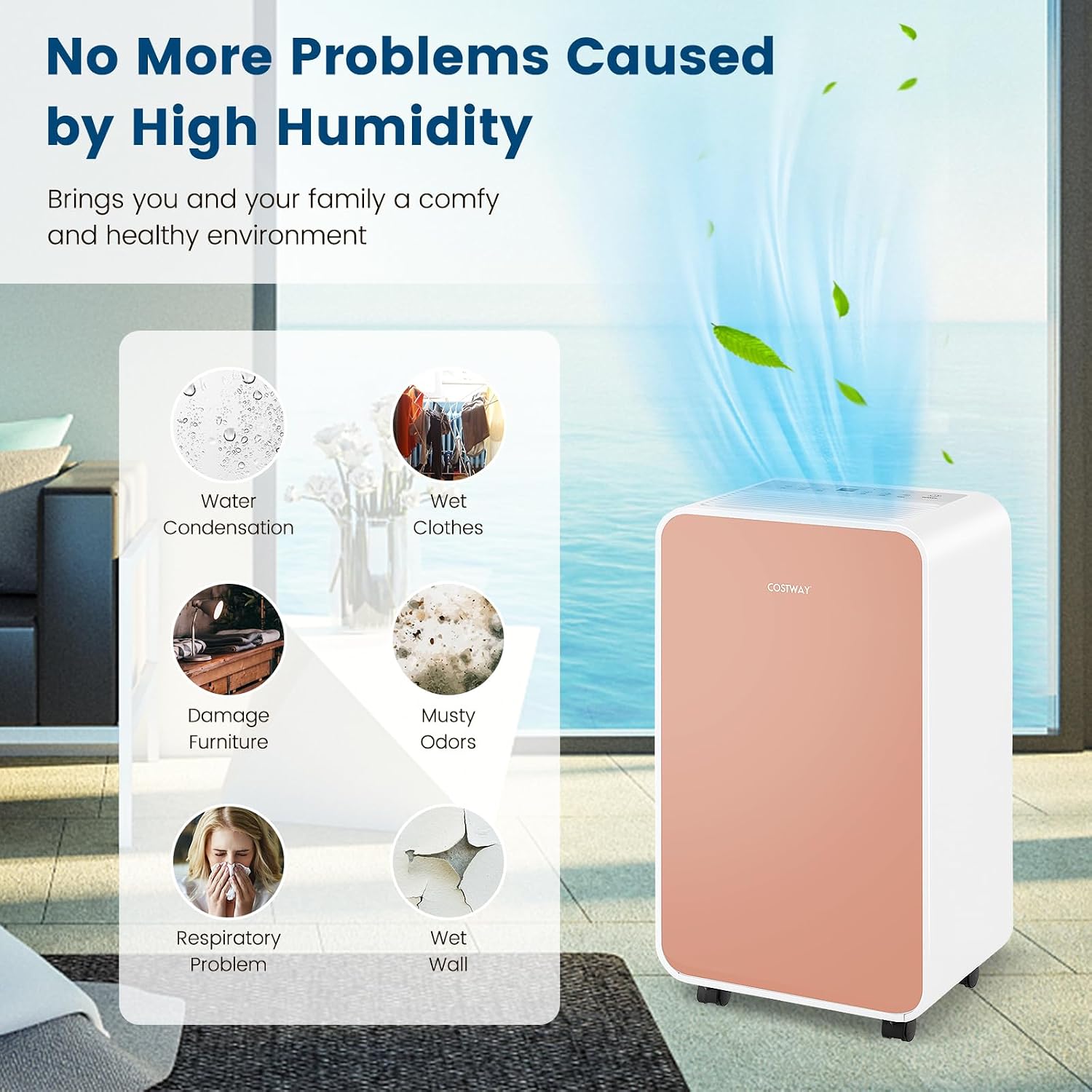 COSTWAY 2500 Sq. Ft Dehumidifier for Basement, 32 Pints Portable Quiet Dehumidifier for Bedroom Bathroom with Sleep Mode, 24H Timer, Auto Shut Off, Auto Defrost & Drain Hose (Pink)