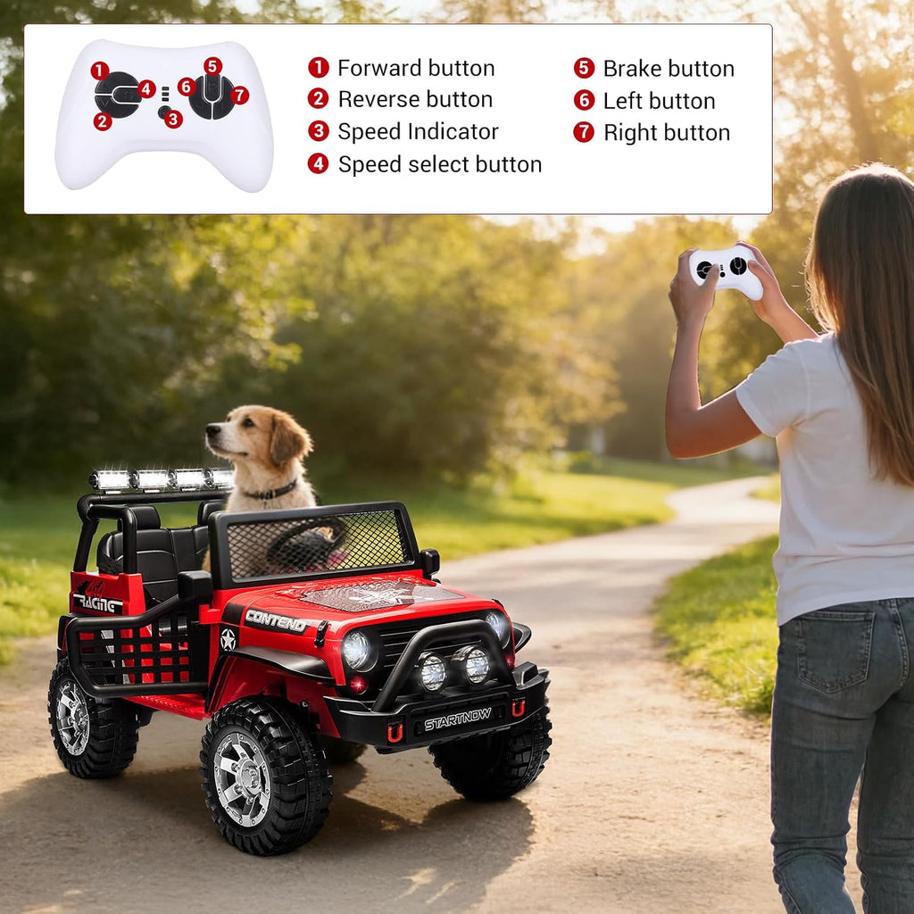 SEHOMY 2-Seater Ride on Truck, 12V Battery Powered Kids' Electric Vehicle w/Remote Control, 3 Speeds, Spring Suspension, LED Headlight, Horn, Music/ MP3, Safety Belt, Ride on Toys Car for Kids (RED)