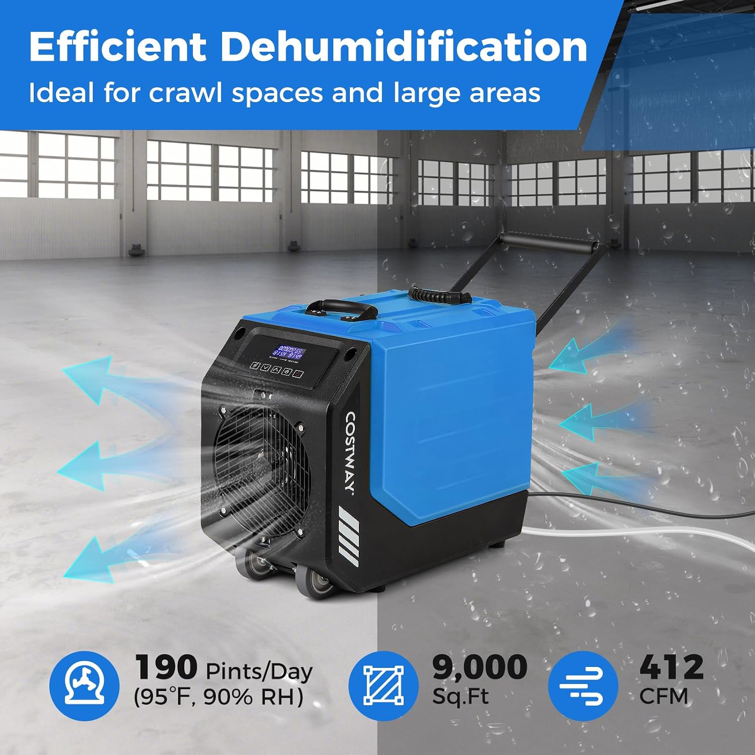 COSTWAY 190 PPD Commercial Dehumidifier with Pump, Rotational Molded Crawl Space Dehumidifier with 26Ft Drain Hose for Water Damage Restoration, Basement (Blue)