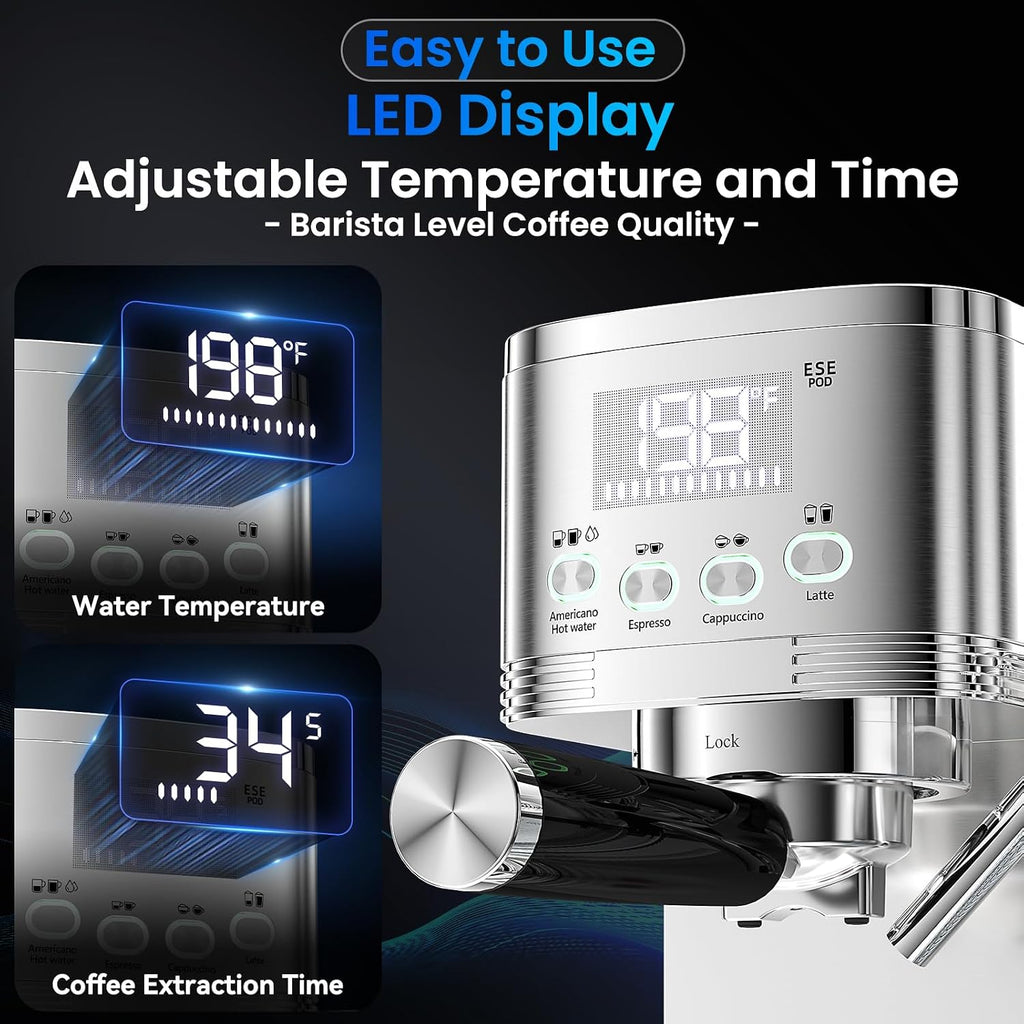 Espresso Machine 20 Bar Temperature Time LED Display Espresso Maker with Stepless Adjustable Automatic Milk Frother for Cappuccino Latte Americano Stainless Steel Coffee Machine with ESE Pod Filter