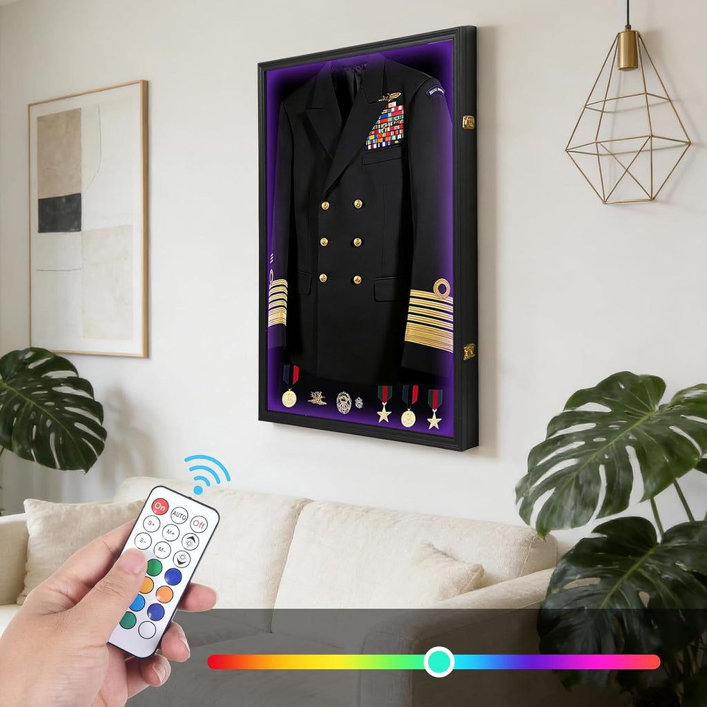 Military Uniform Shadow Box with LED, Police Uniform Display Frame 7 Colors 2 Models with Hanger and Lock for Military Uniforms, Jerseys, Hanging Badges and Medals Flag 35.82'x25.59'x2'
