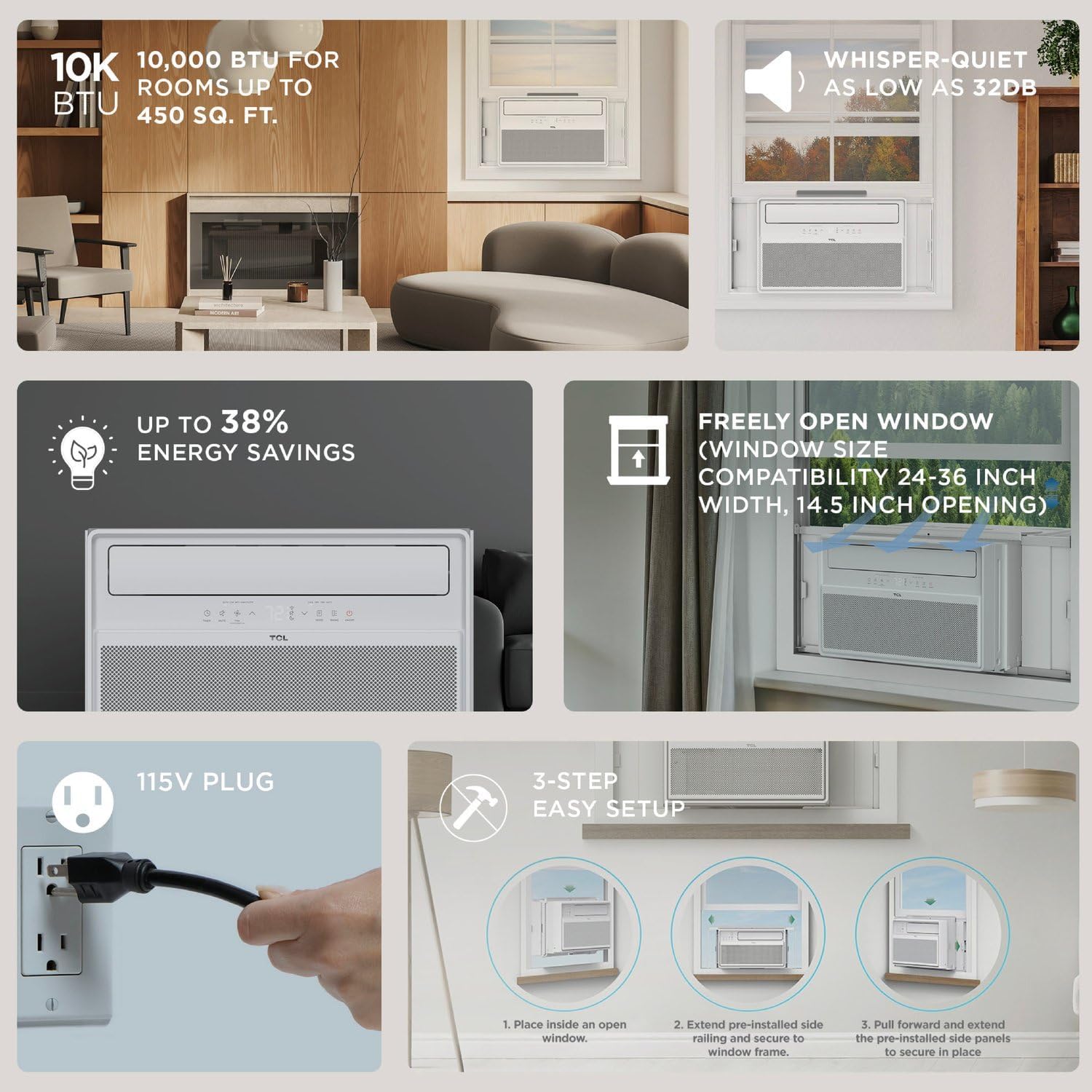 TCL 10000 BTU Q-Series Smart Inverter Window AC, Energy Efficient Air Conditioner with Fan, Dehumidifier, Remote Control & WiFi, Works with Smart Home Devices & TCL Home App, Cools up to 450 Sq. Ft.